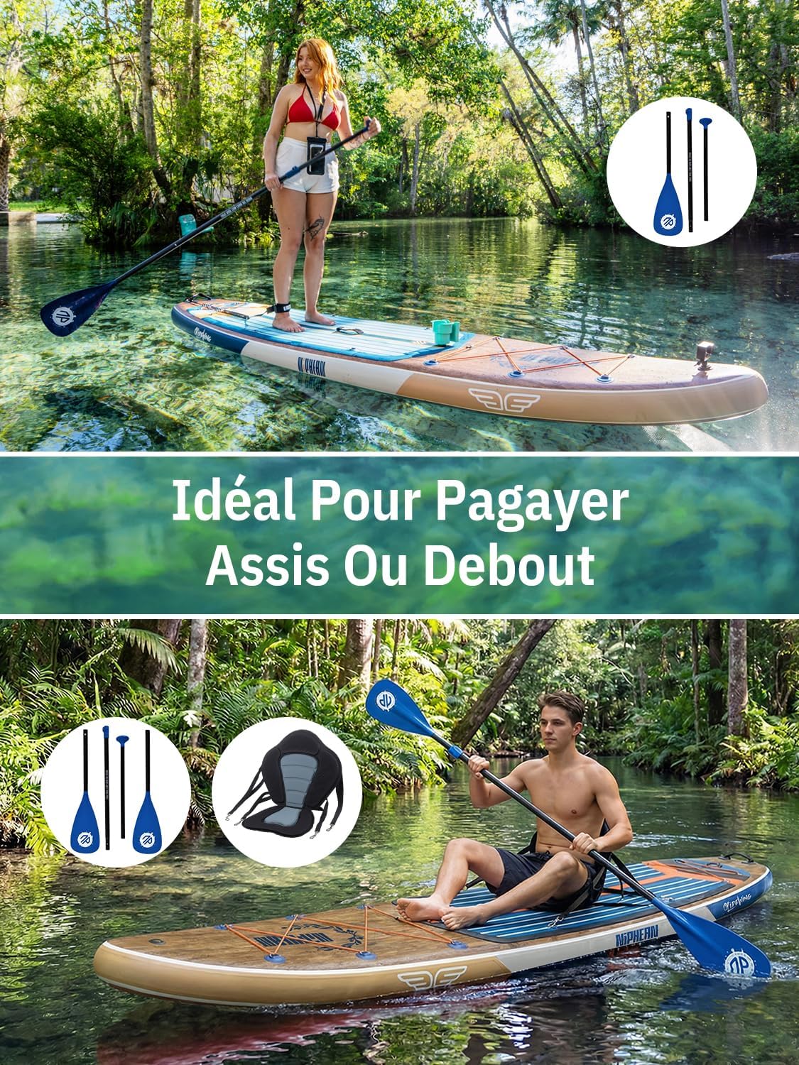 Niphean Extra Large Paddle Gonflable, Sup à 2+1 Personnes/Famille, Planches de Stand Up Paddle Gonflables avec (Idéal Débutant) Aileron Équilibré, Housse Étanche, Paddle Gonflable Adulte, Cadeaux