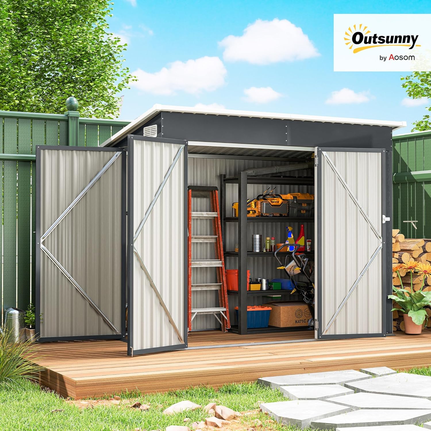 Outsunny - abri de jardin métal série - 234x132x185 cm - triple porte, toit incliné, aérations, gris foncé