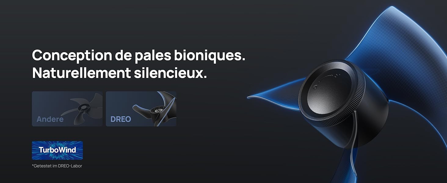 Le texte se lit comme suit : « Conception de pales bioniques » et « Naturellement silencieux ». Image marketing du produit sombre montrant des éléments de design noirs élégants.