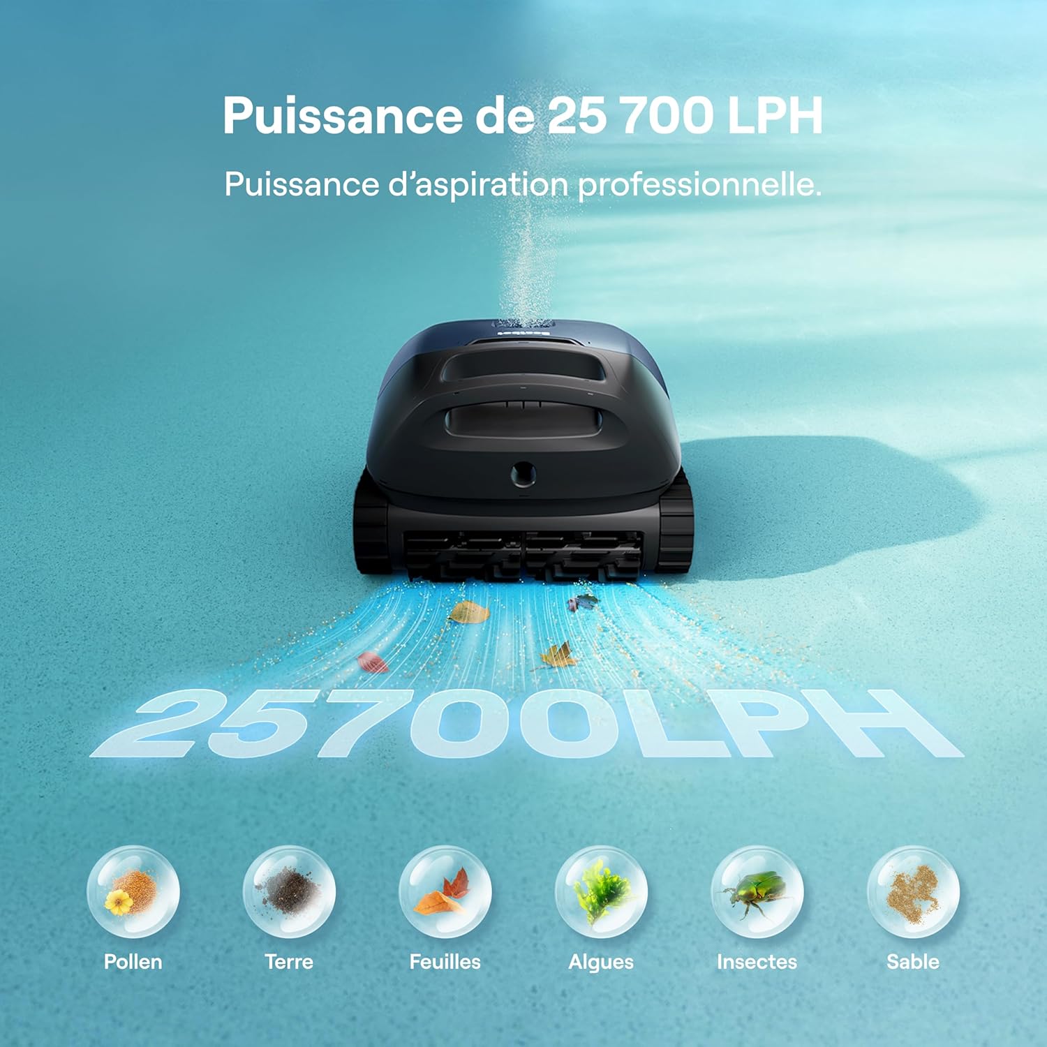 Beatbot Sora 10 Robot piscine sans fil — Fond/parois/ligne d'eau/plages immergées, puissance d'asp. 25 700 LPH, stationnement intelligent à la ligne d'eau, capacité du filtre 5L, 300 min, Bleu Profond