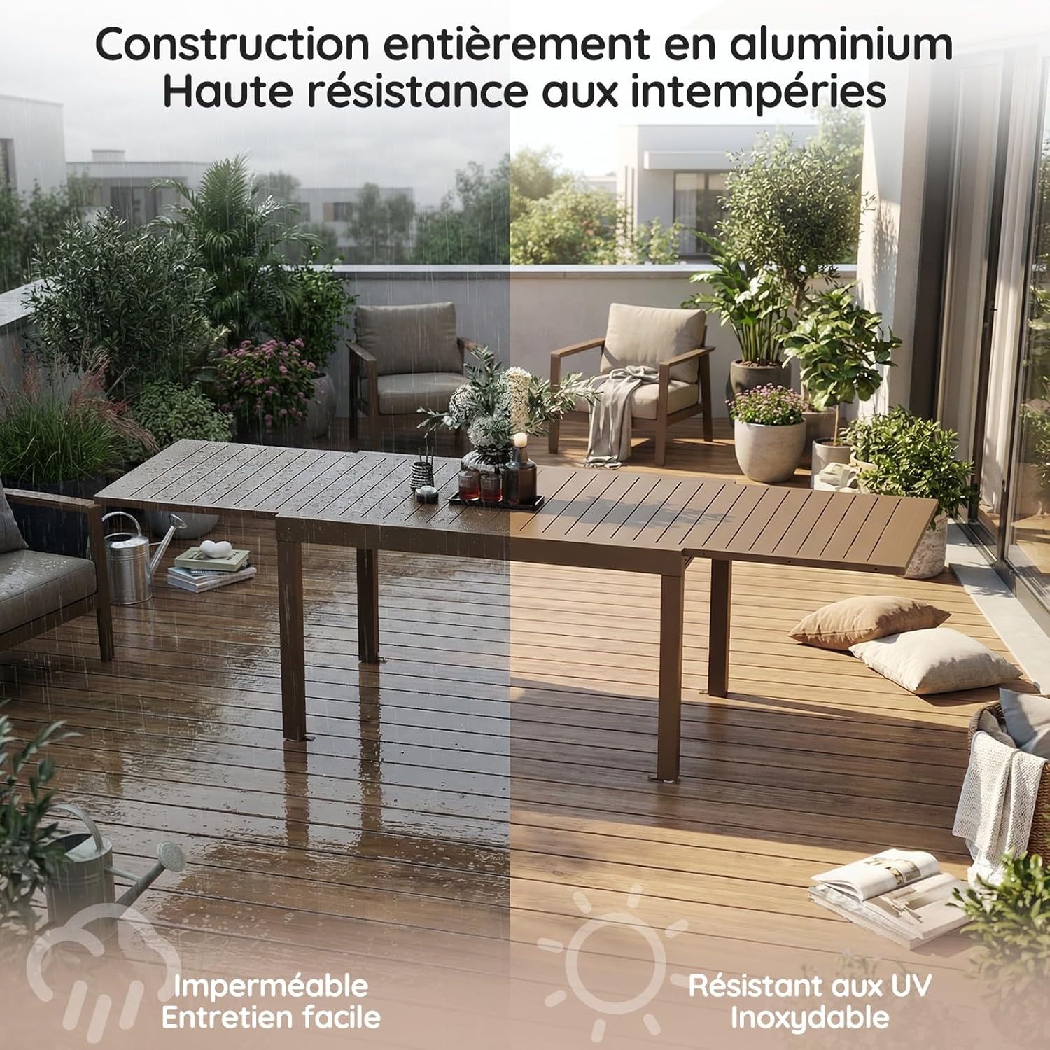 Devoko - Table de jardin extensible - 80/160x80x75 cm - aluminium marron, résistante intempéries