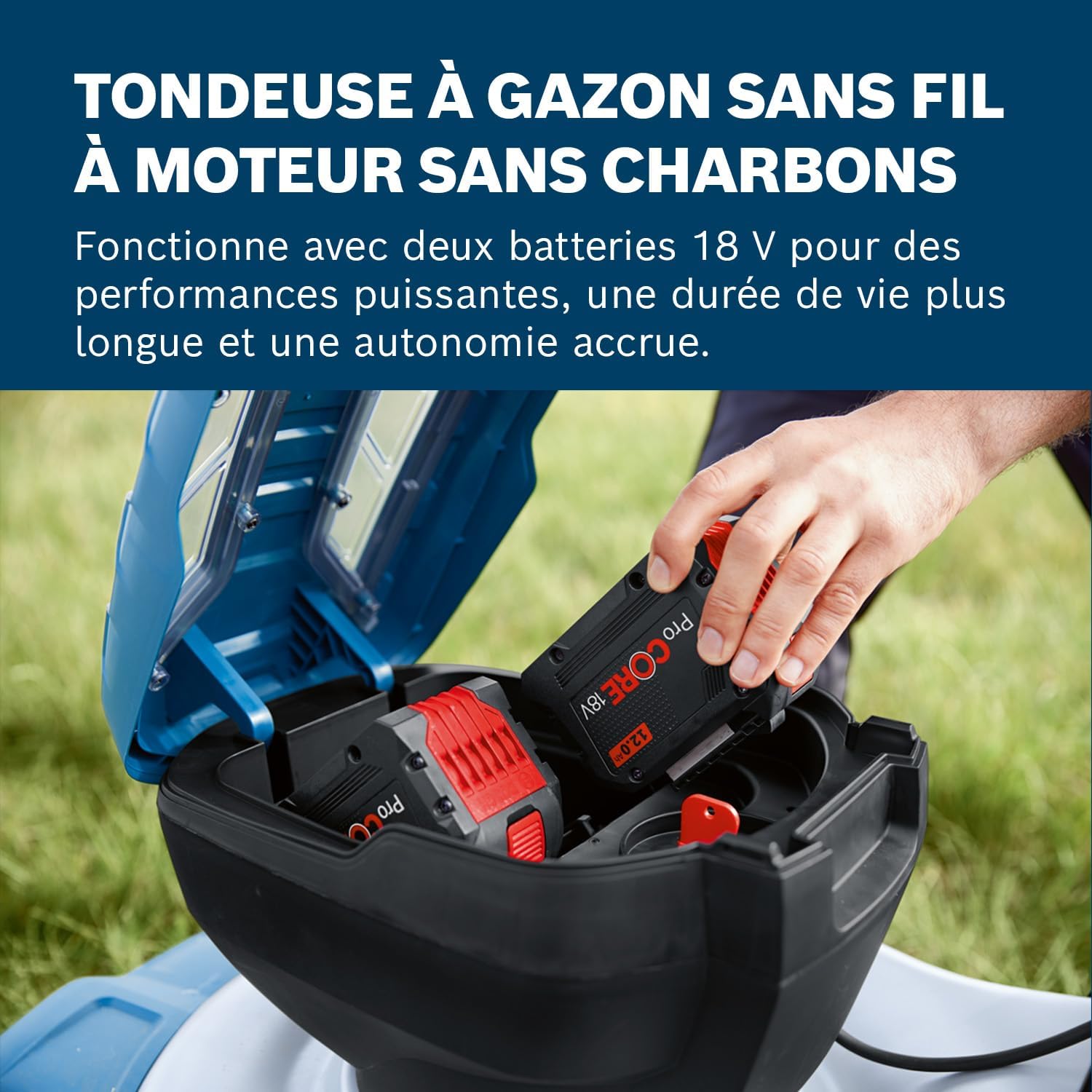 Bosch Professional 18V System tondeuse à gazon sans-fil GRA 18V2-46 (largeur coupe : 46 cm, réglage de hauteur dans 6 positions, sac ramassage en toile 60 l, 2 clés coupe-circuit, bouchon mulching)