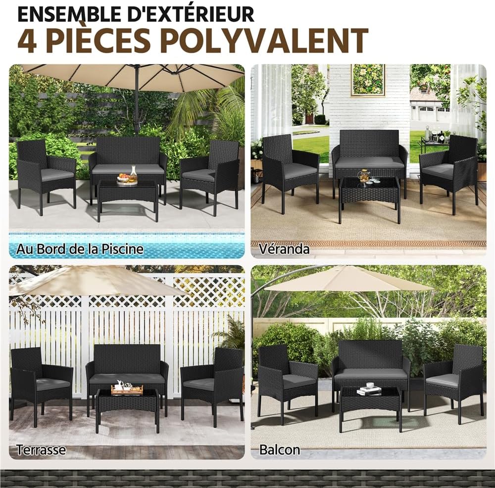 Yaheetech - Salon de Jardin 4 Places Polyrotin métal coussins, 195x125 cm, noir/gris clair