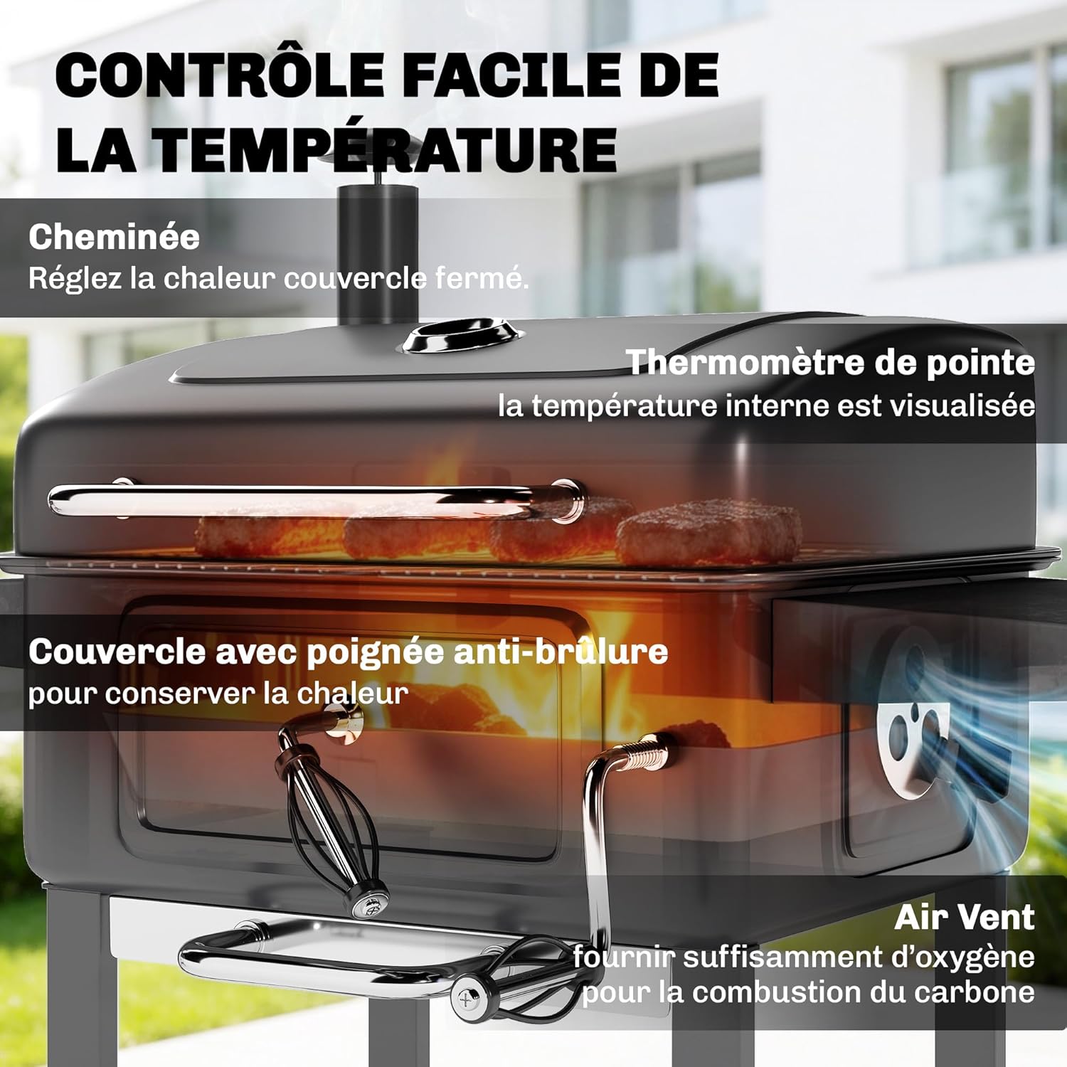 Outsunny - barbecue charbon réglable - grand format - chariot, tablettes, cheminée, roues, thermomètre