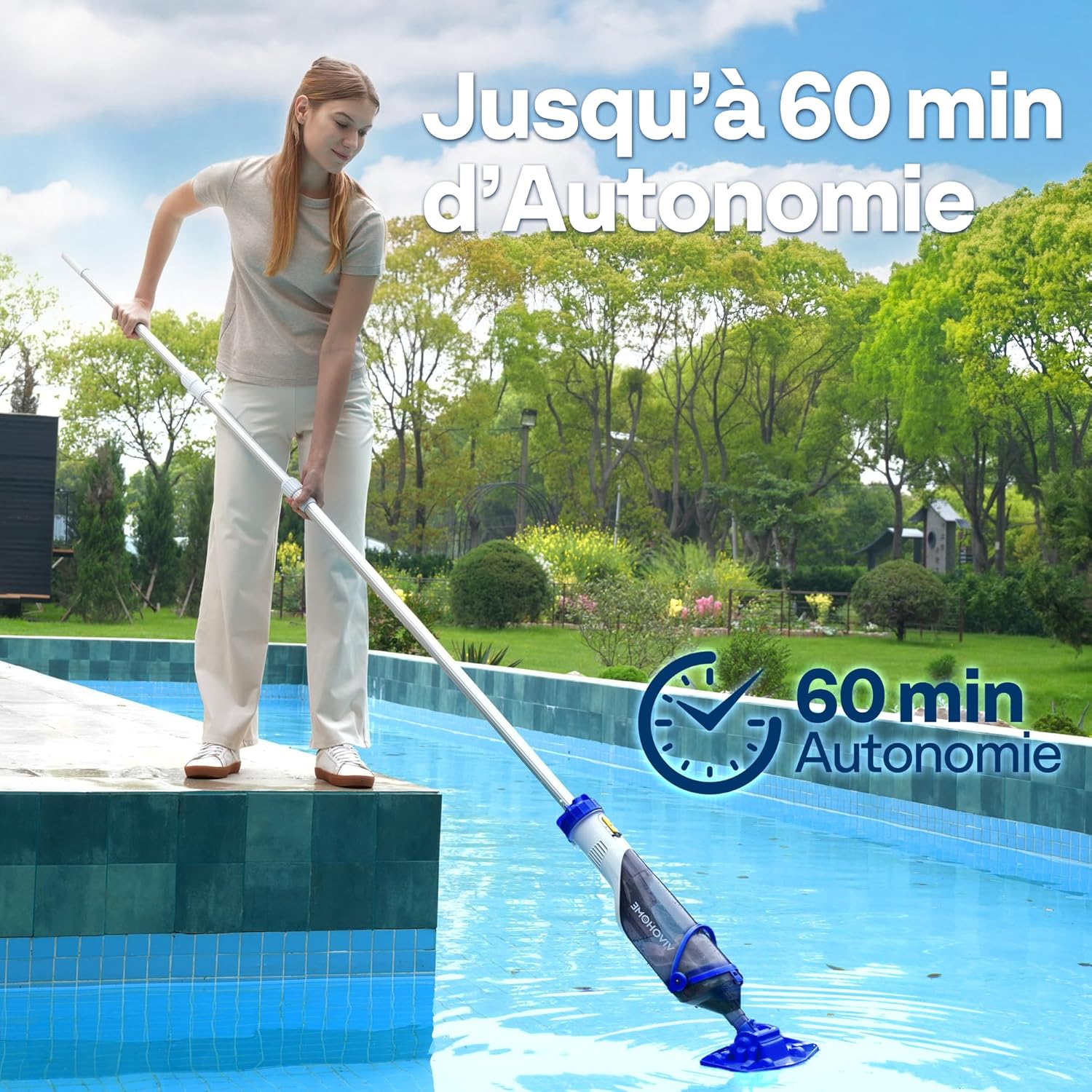 VIVOHOME - Aspirateur piscine série sans fil - 213cm - 4200LPH, 4 sacs filtrants, autonomie 60 min