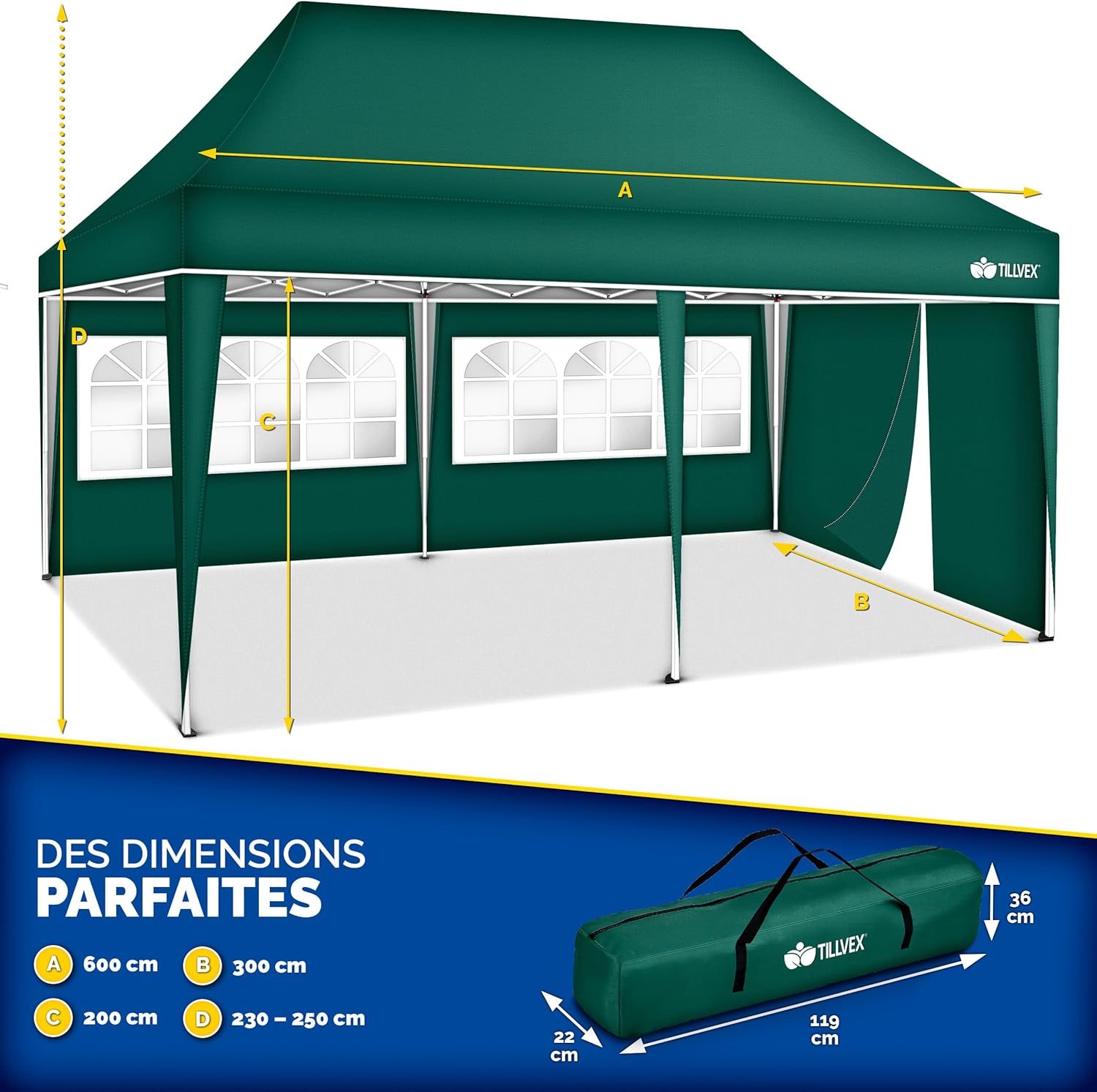 tillvex - Tonnelle pliable 3x6m - étanche, UV50+, panneaux latéraux