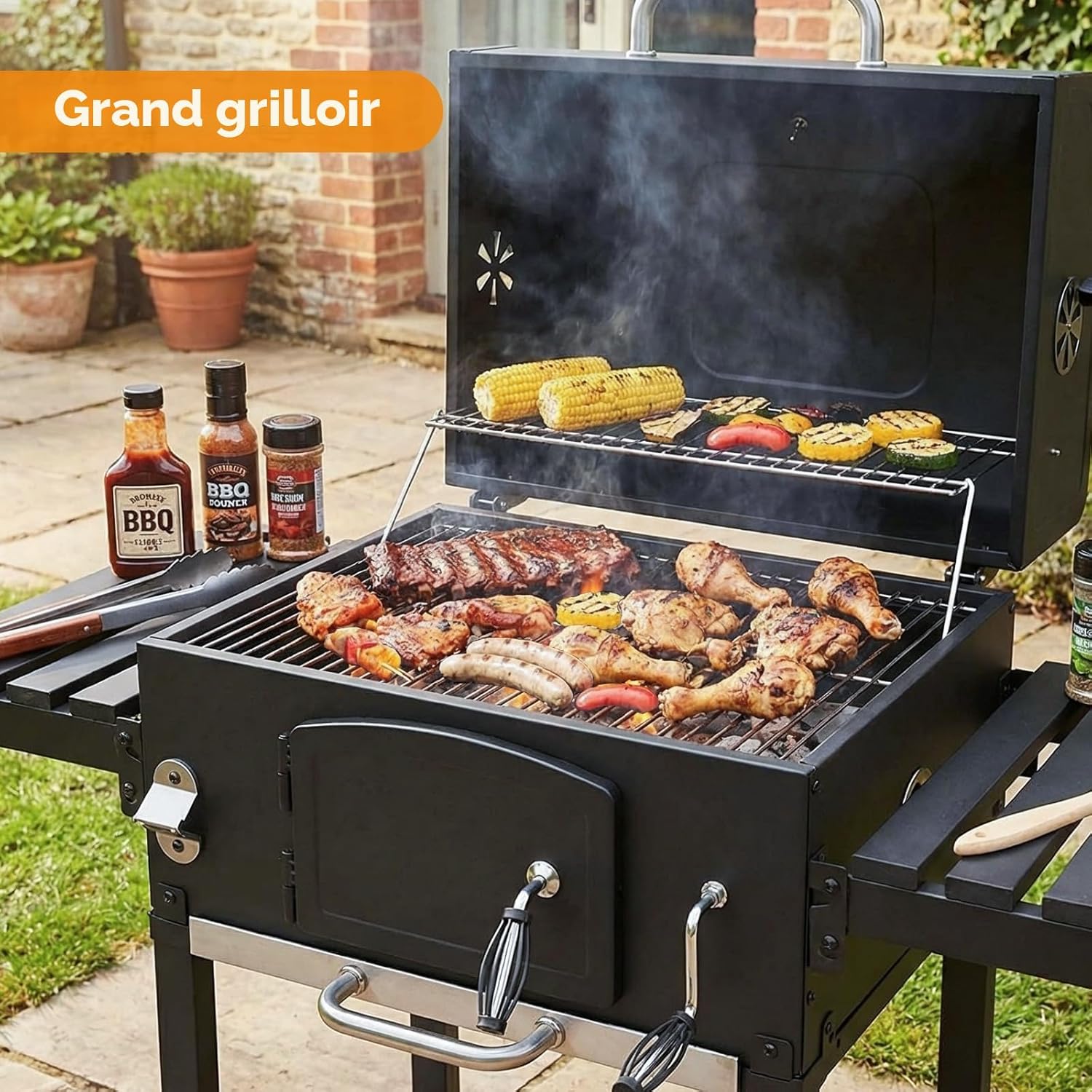 LIFERUN - Barbecue charbon XXL - grand chariot, fumoir et thermomètre