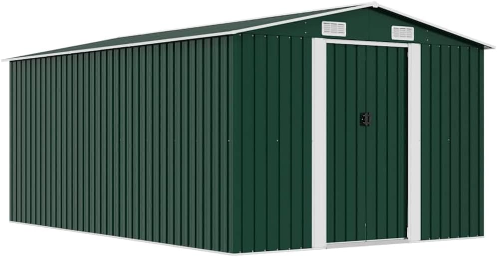 vidaXL - Abri de jardin métal 257x398x178 cm, vert, terrasse et outils