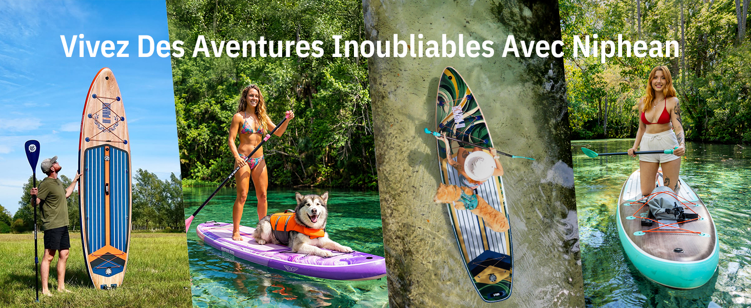 Le texte se lit comme suit : « Vivez Des Aventures Inoubliables Avec Nipleam ». Image composite montrant des activités de sports nautiques : planche à pagaie, kayak, personnes avec des chiens sur des planches gonflables dans différents environnements aquatiques.