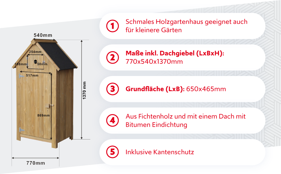 Wiltec Abri de jardin étroit en épicéa avec toit bitumé 770 x 540 x 1370 mm pour jardin, terrasse, balcon