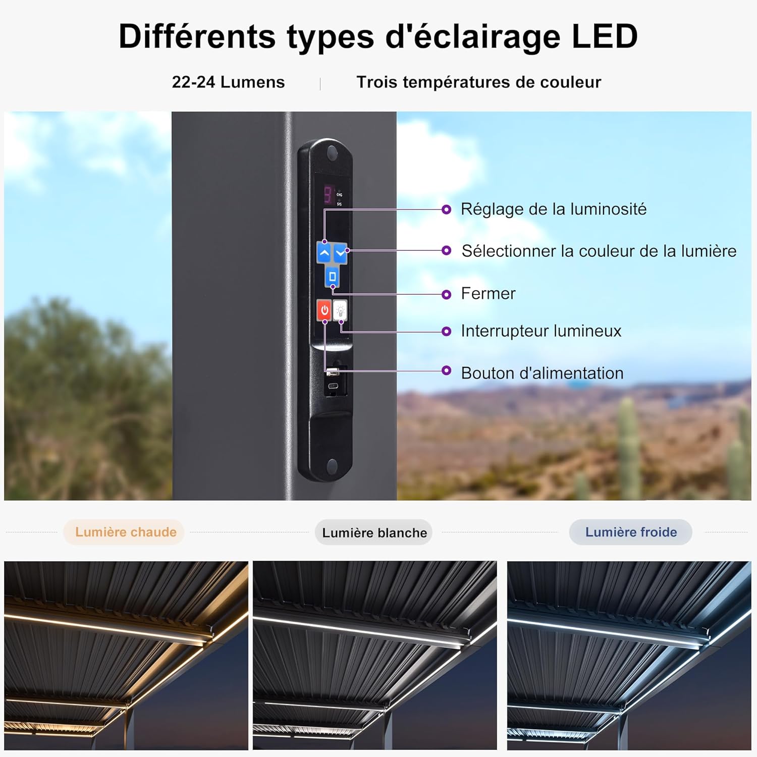PURPLE LEAF - Pergola bioclimatique - 3,5x8,5m - aluminium, lames LED, étanche