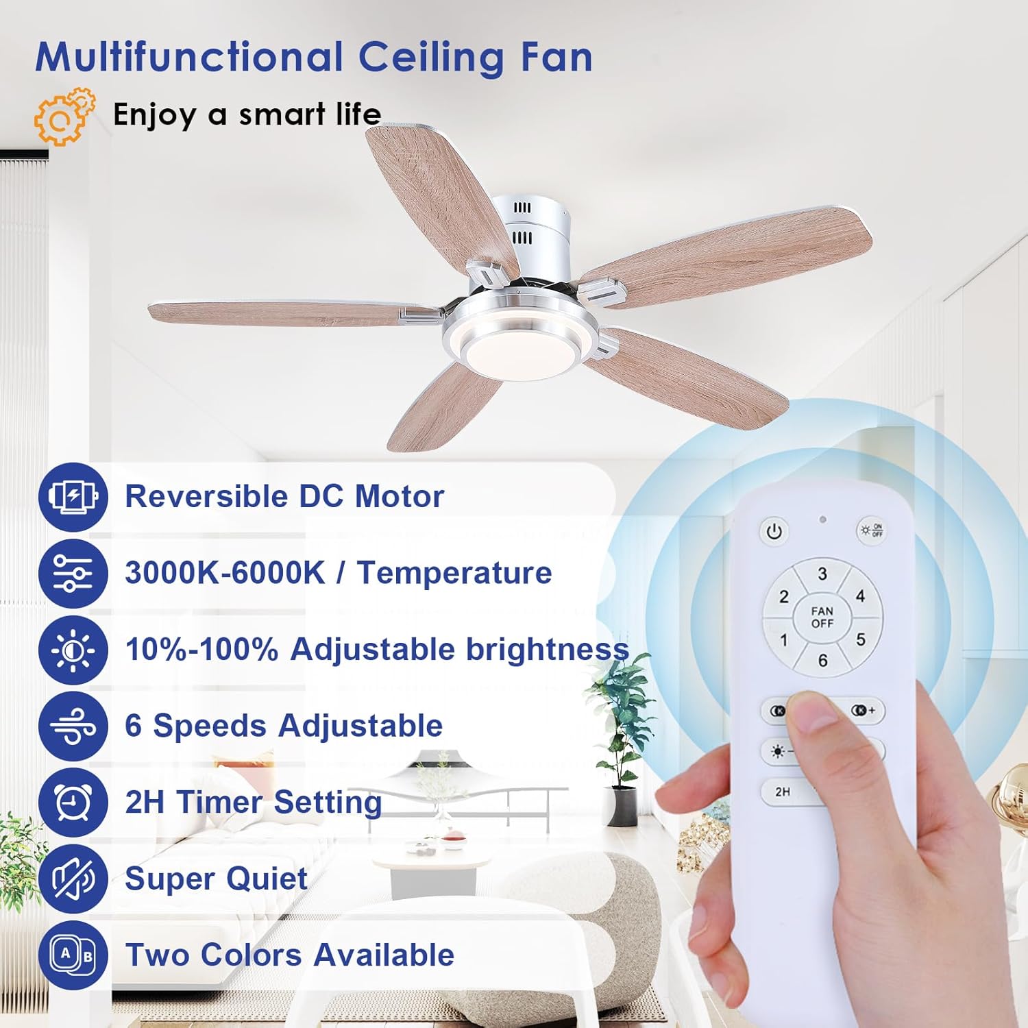 Kviflon - Ventilateur Plafond DC 127 cm, LED, télécommande, 3 pales