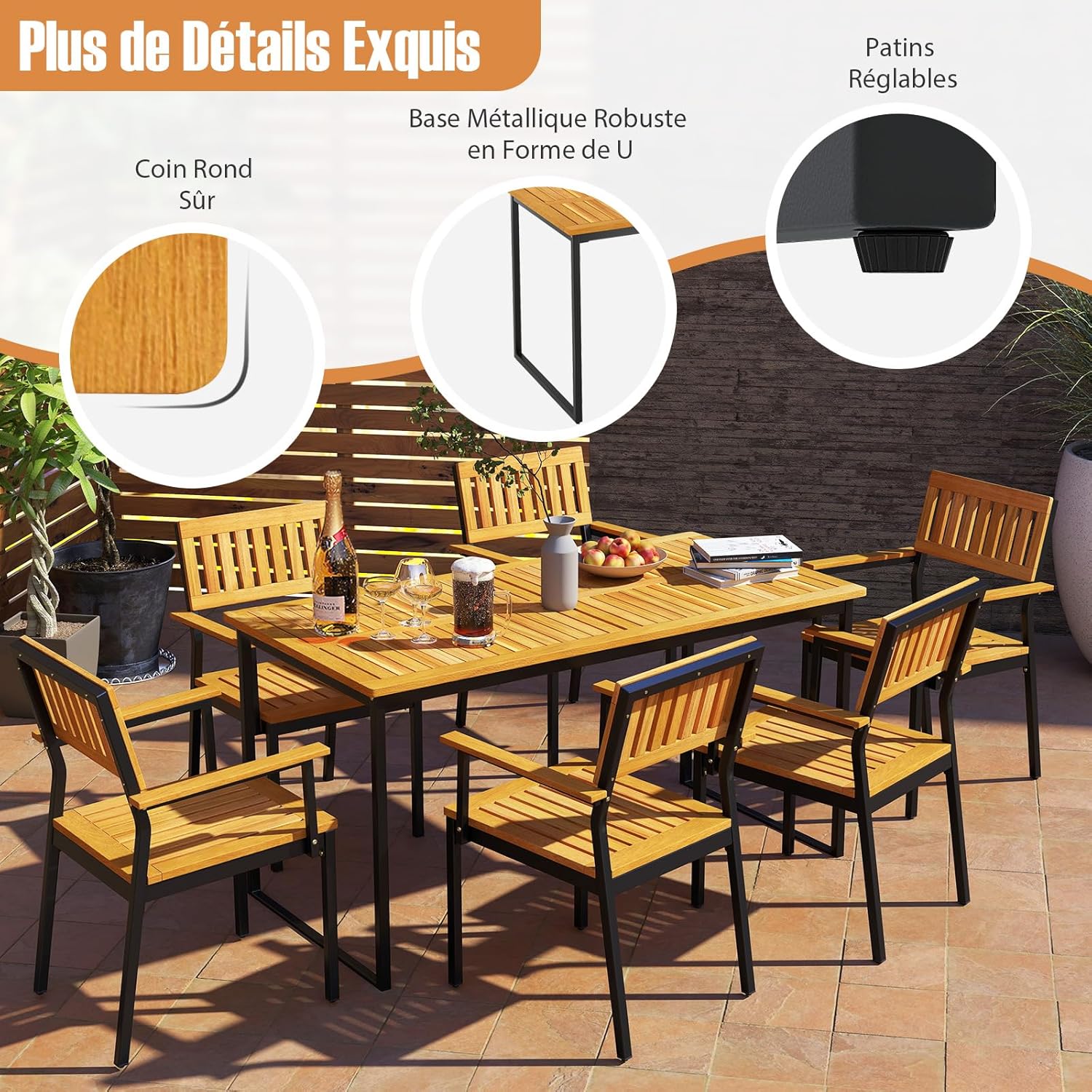 GOPLUS - Table jardin 140x70x73 cm - bois acacia, 6 pers, parasol