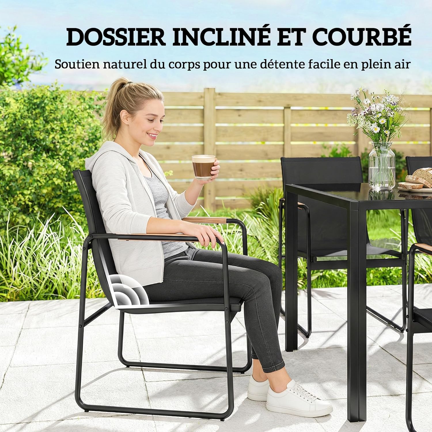 Outsunny - Ensemble salle à manger extérieur 7 pièces - table verre et chaises acier - pour 6 personnes - noir