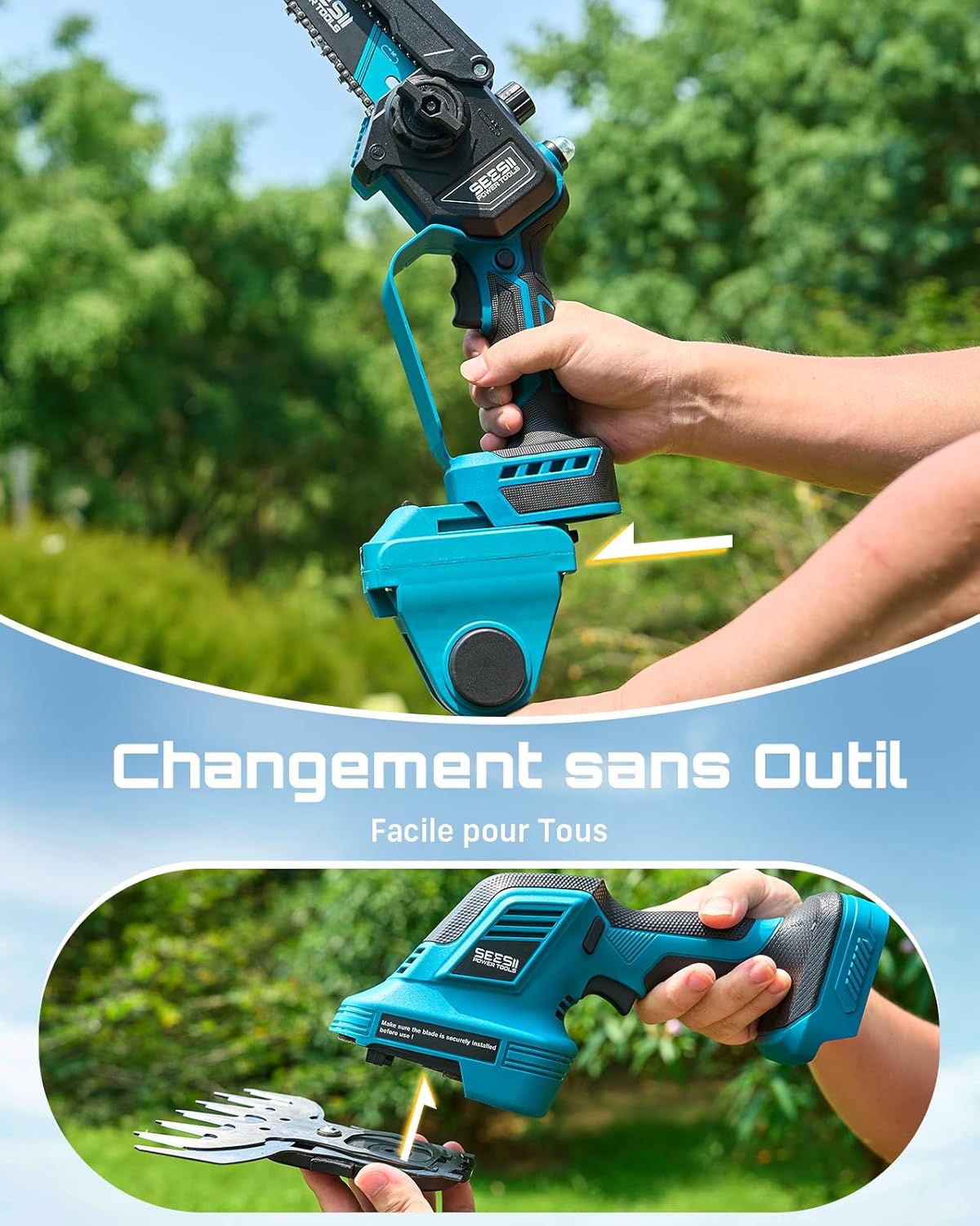 SEESII 6-en-1 Mini Tronçonneuse & Taille-haie, avec 2 * 4000mAh Batteries, Tronconneuse Electrique à Perche Télescopique, Portée Maximale Jusqu'à 4,57m, à 30 ML Bouteille d'huile