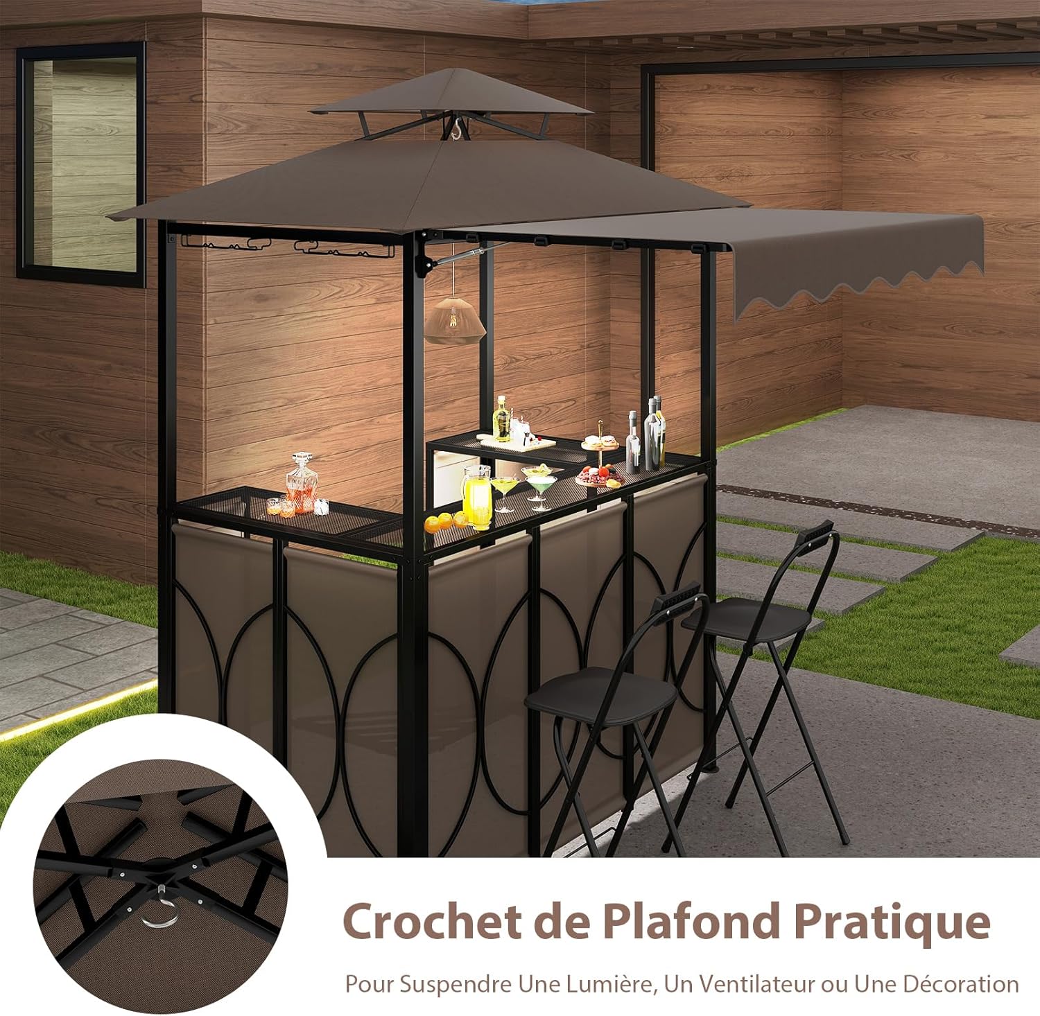 COSTWAY - Tonnelle barbecue extérieur 3 pcs, table bar, 2 chaises pliables, double toit, métal, marron