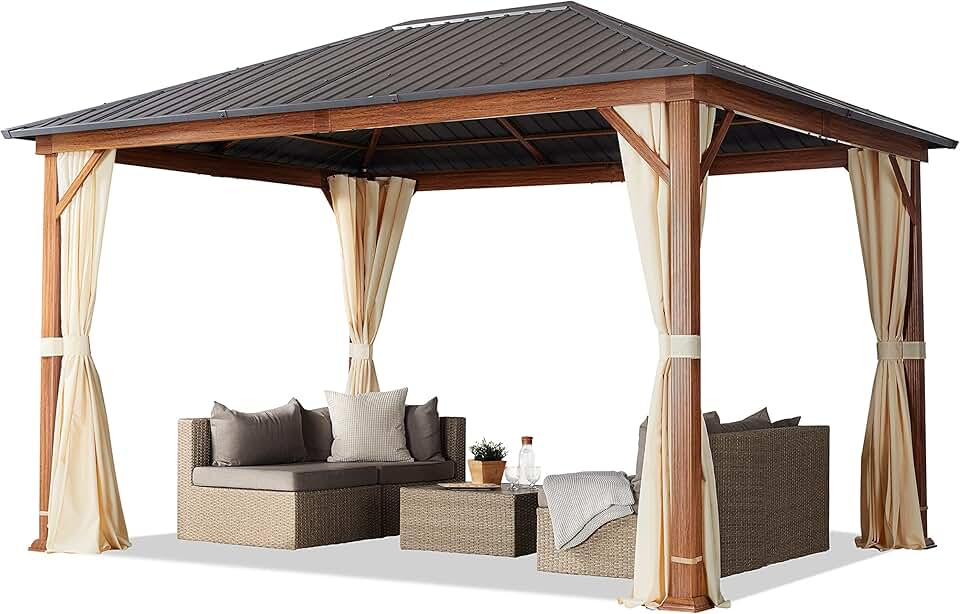 TOOLPORT - tonnelle de jardin série aspect bois 3x4m toit acier, 4 parois, champagne