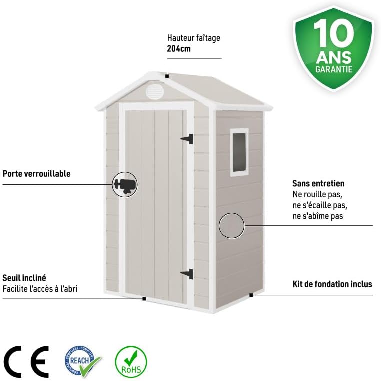 Jôbu - Abri de jardin en résine - 1,34m² - porte verrouillable, fenêtre, ventilation, acier galvanisé
