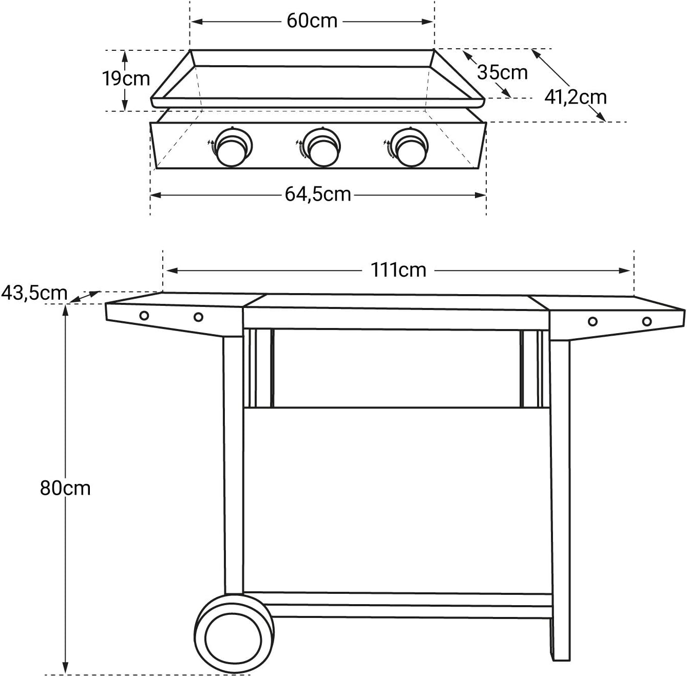 Happy Garden - Plancha Mérida sur chariot 3 brûleurs 6kW 74x33 cm