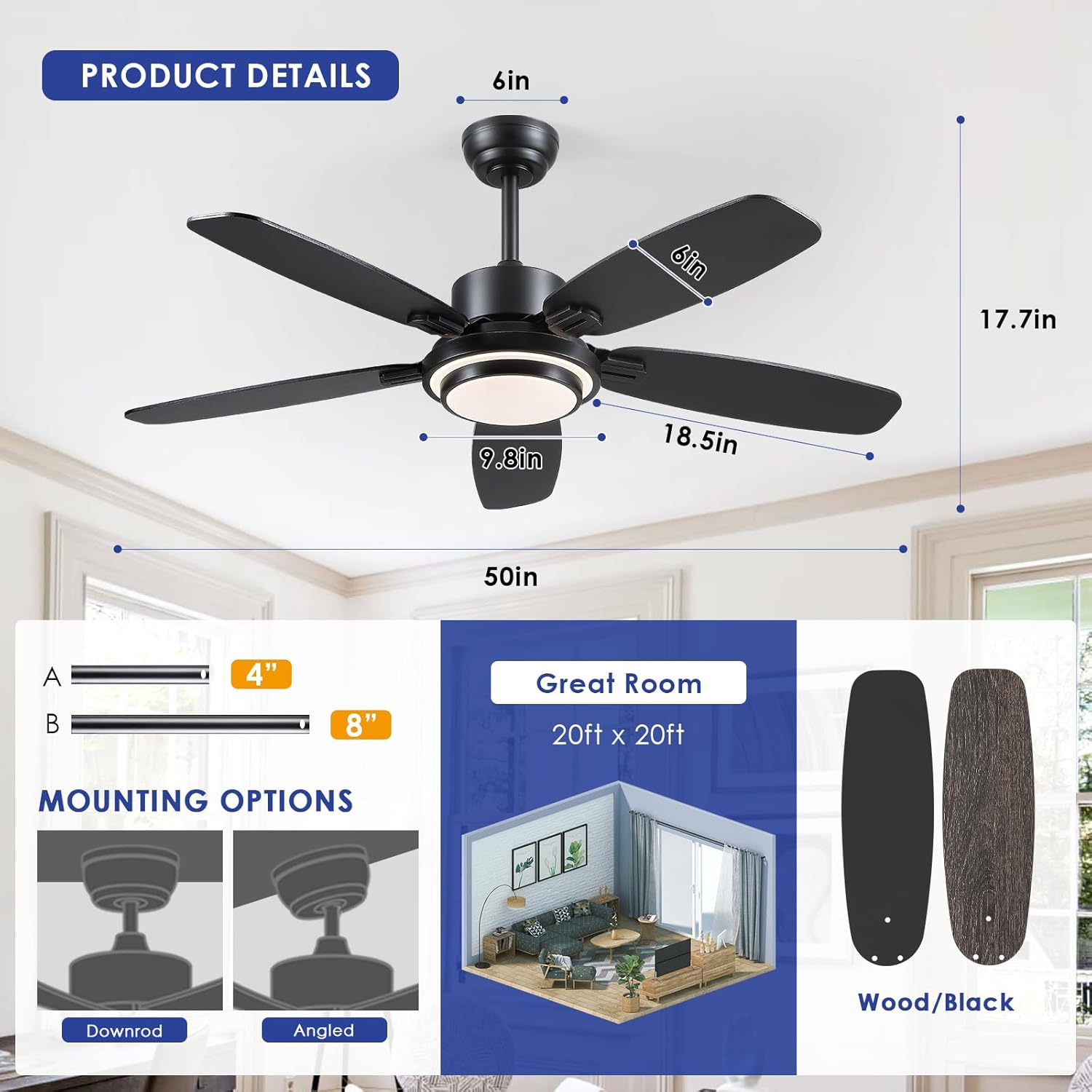 Kviflon - Ventilateur Connecté Série Moderne - 127cm - DC Réversible, LED, Silencieux