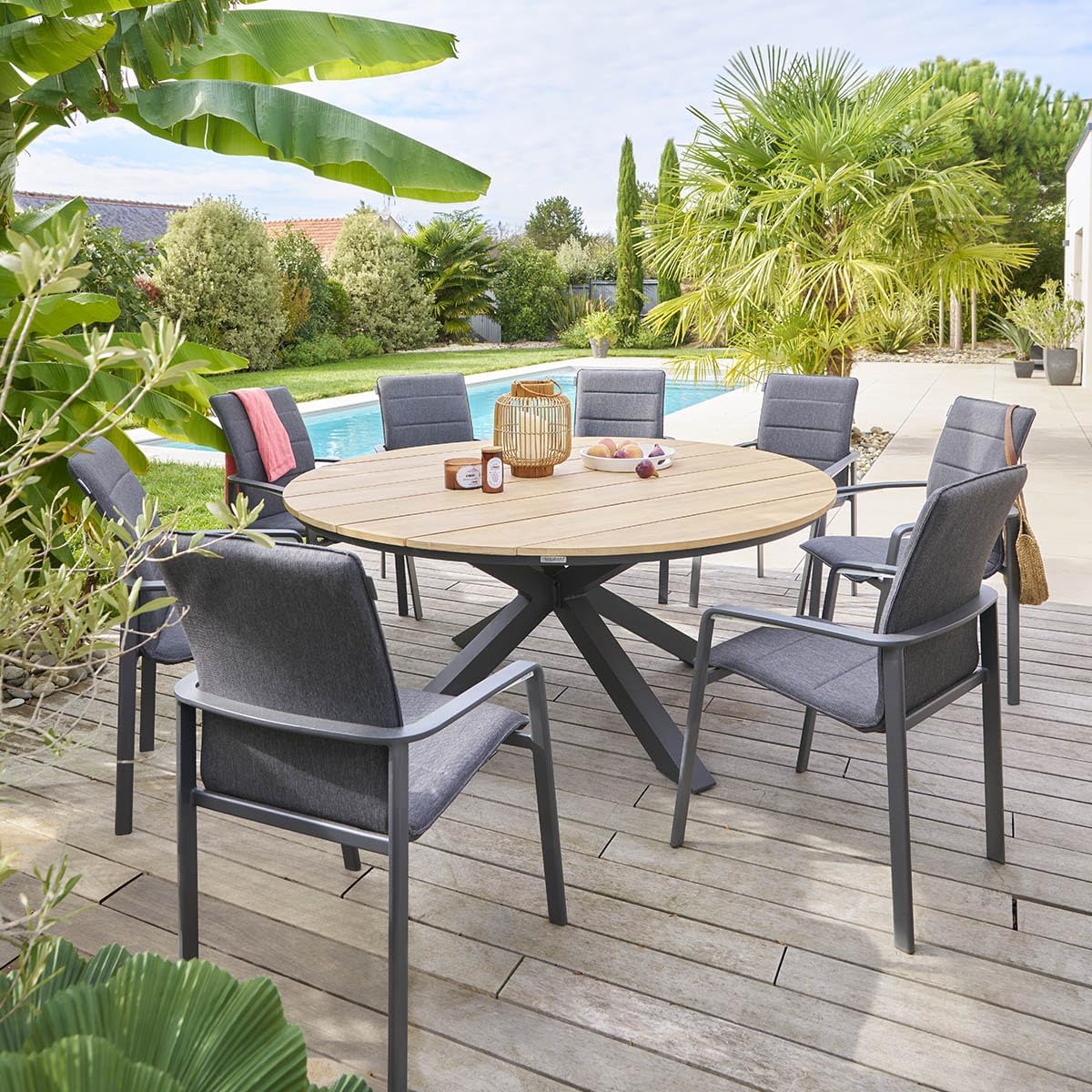 Hespéride - Oriengo table ronde 8 places - aluminium acacia - Gris Graphite