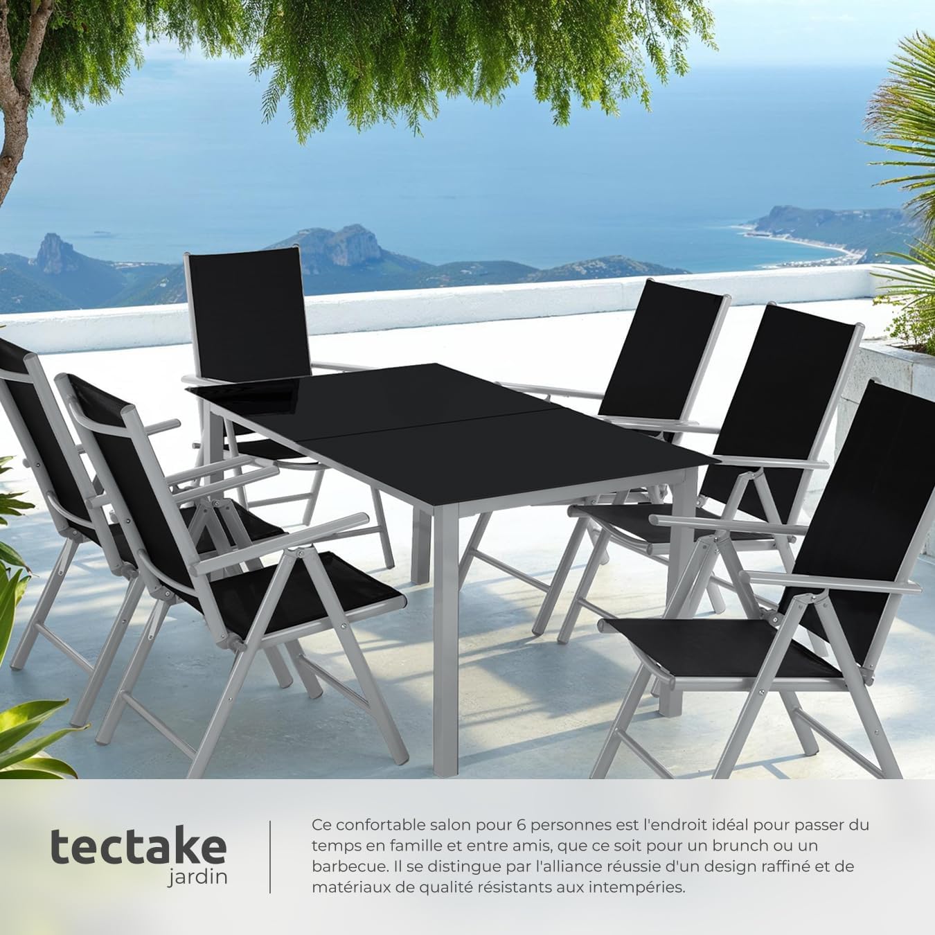 tectake - salon de jardin aluminium 6 chaises pliables, table, entretien facile