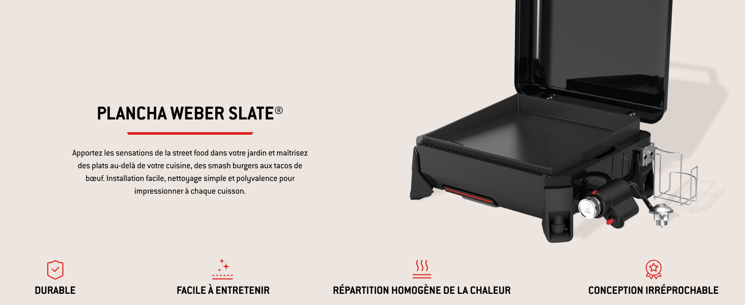 Le texte indique « PLANCHA WEBER Q2411 ». Schéma d'instructions du produit montrant plusieurs vues d'un gril ou d'une plaque chauffante électrique noir avec des illustrations de configuration et d'utilisation.