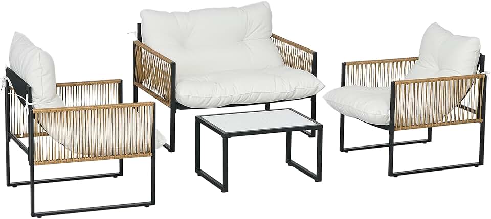 Outsunny - salon de jardin 4 pièces canapé, fauteuils, table, coussins - acier/résine, crème