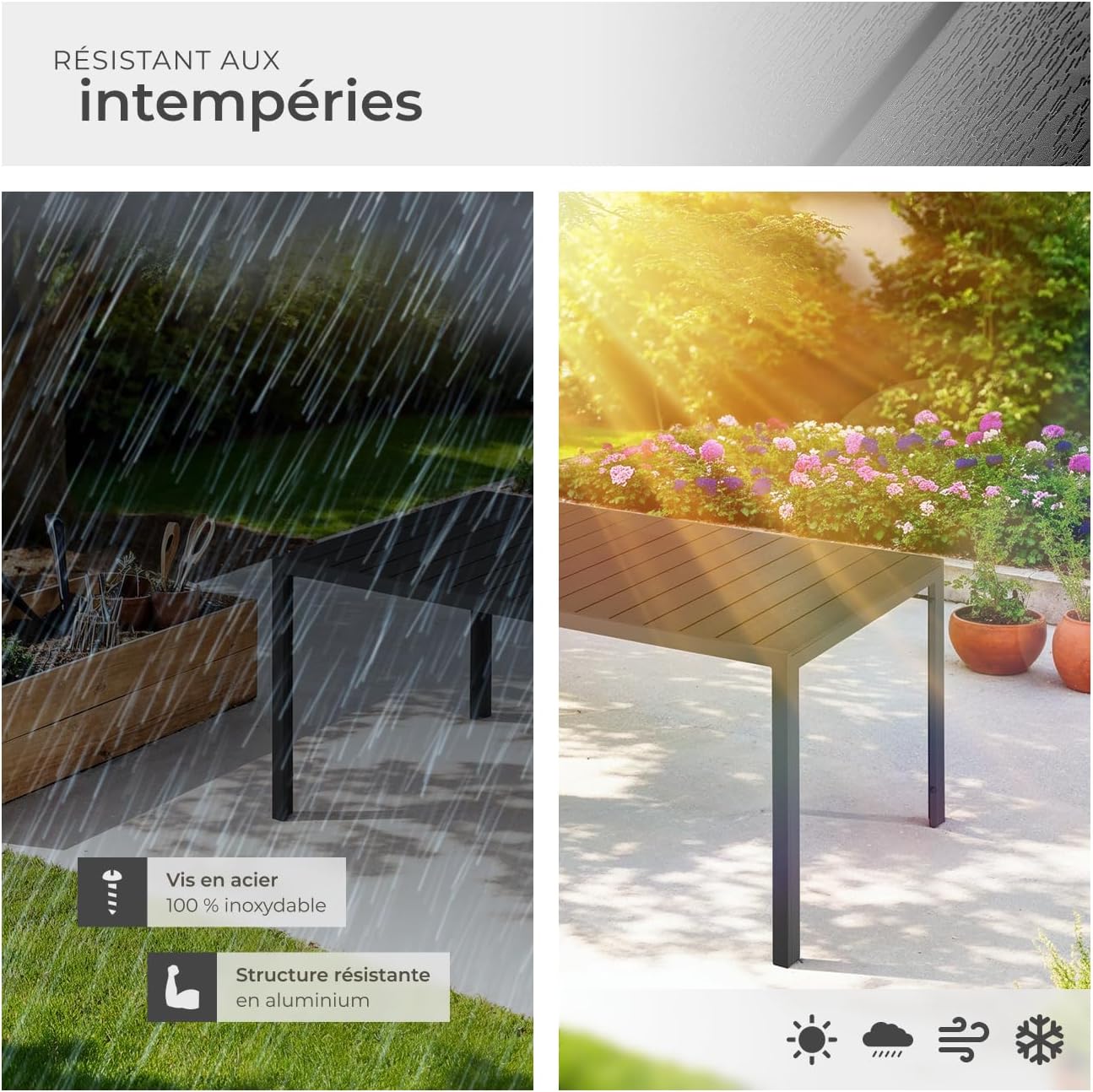 tectake - Table à manger aluminium bois 150x90x74,5 cm, réglable, anti-intempéries