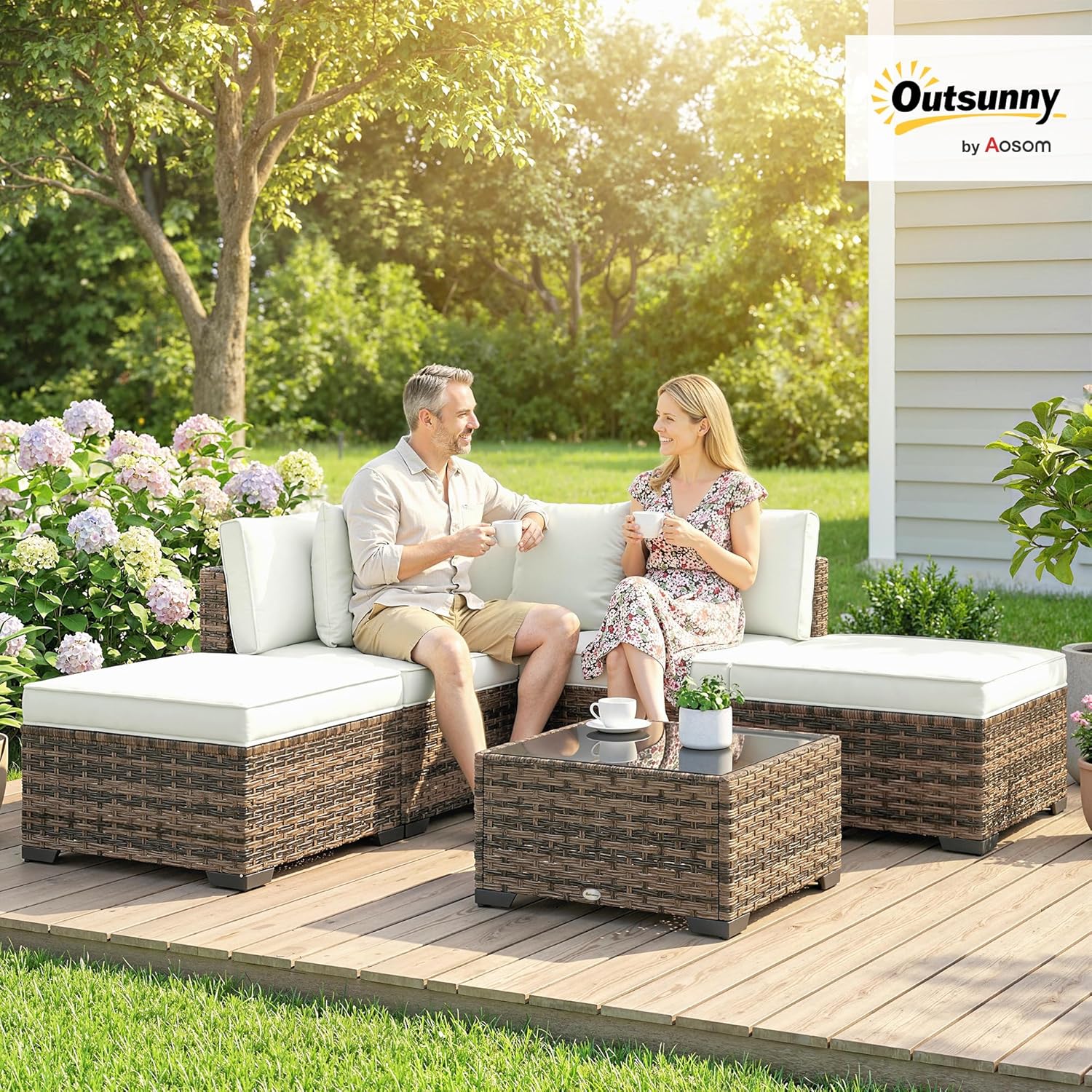 Outsunny - salon de jardin modulable 5 places résine -  crème/jaune - canapés, table basse verre, coussins