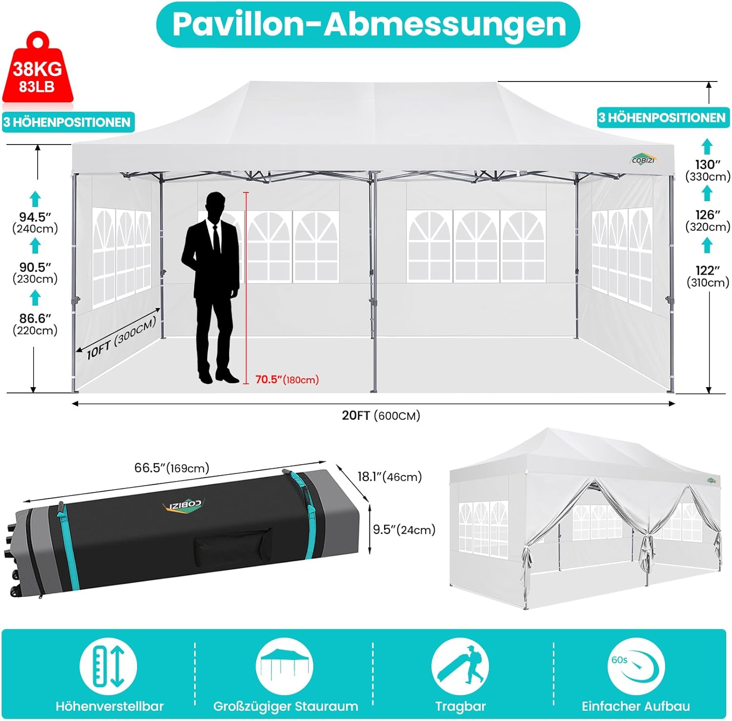 COBIZI - Barnum pliant 3x6m, 6 parois, imperméable, 3 hauteurs