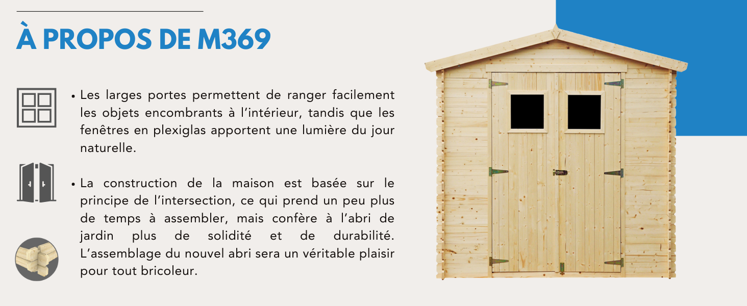 avec toit en pente, portes doubles et finition naturelle. Dispose de grands panneaux pour un assemblage facile et une résistance aux intempéries.