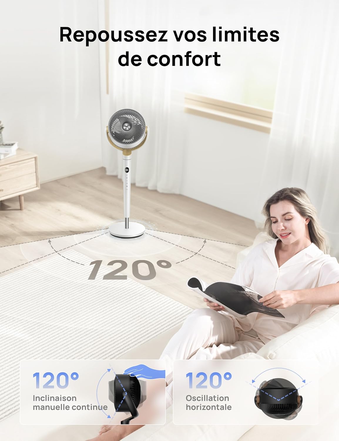 DREO Ventilateur de pièce, ventilateur oscillant 120°+120°, moteur DC, circulation d’air jusqu’à 30 m pour toute la pièce, 9 vitesses, 4 modes, ventilateur sur pied silencieux, 20 dB.