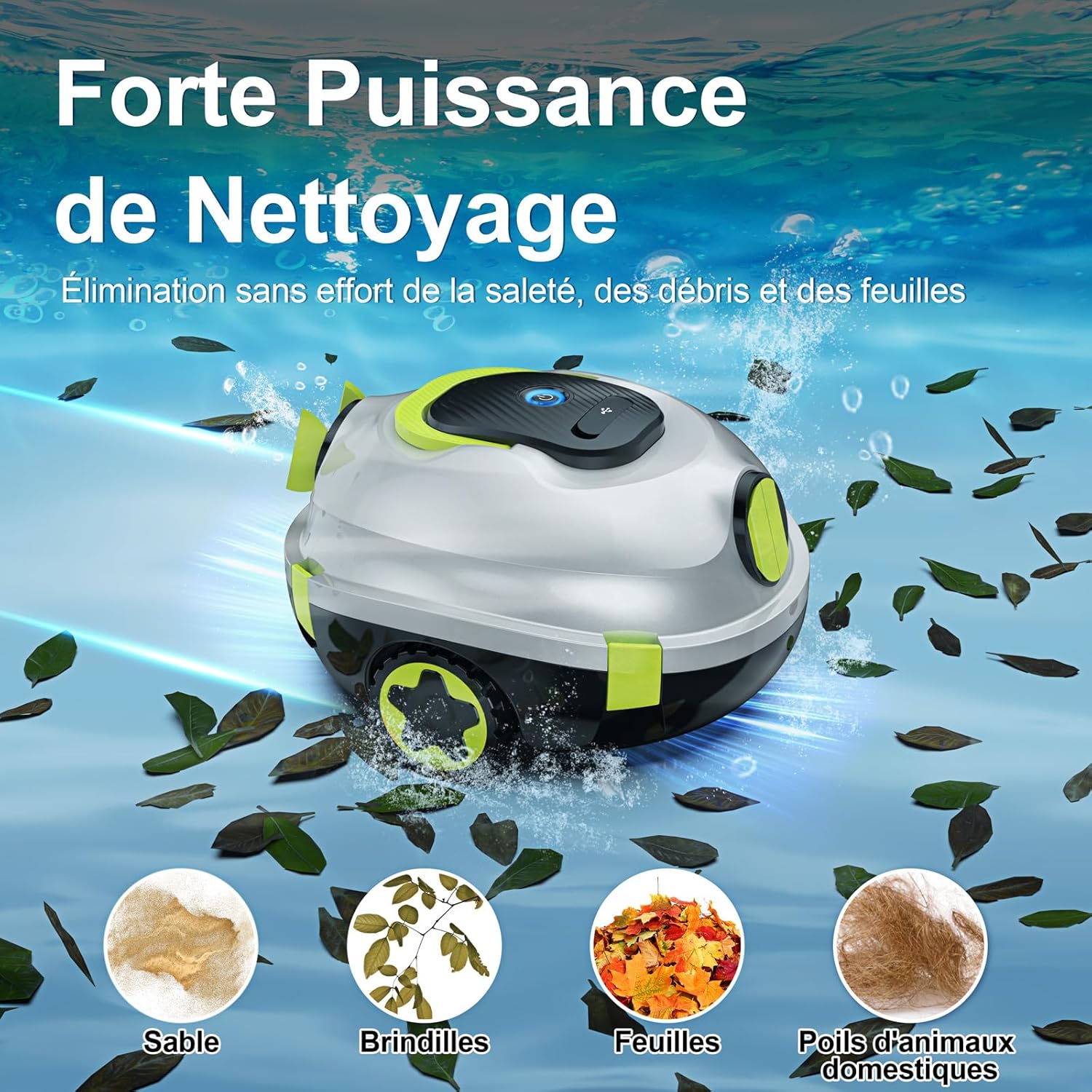 MEDOXA Robot de Piscine sans Fil, aspirateur de Piscine Automatique, 120 Minutes d'autonomie, stationnement Automatique, léger, Puissant Robot pour Piscine Hors-Sol/enterrée jusqu'à 110 ㎡(blancvert)