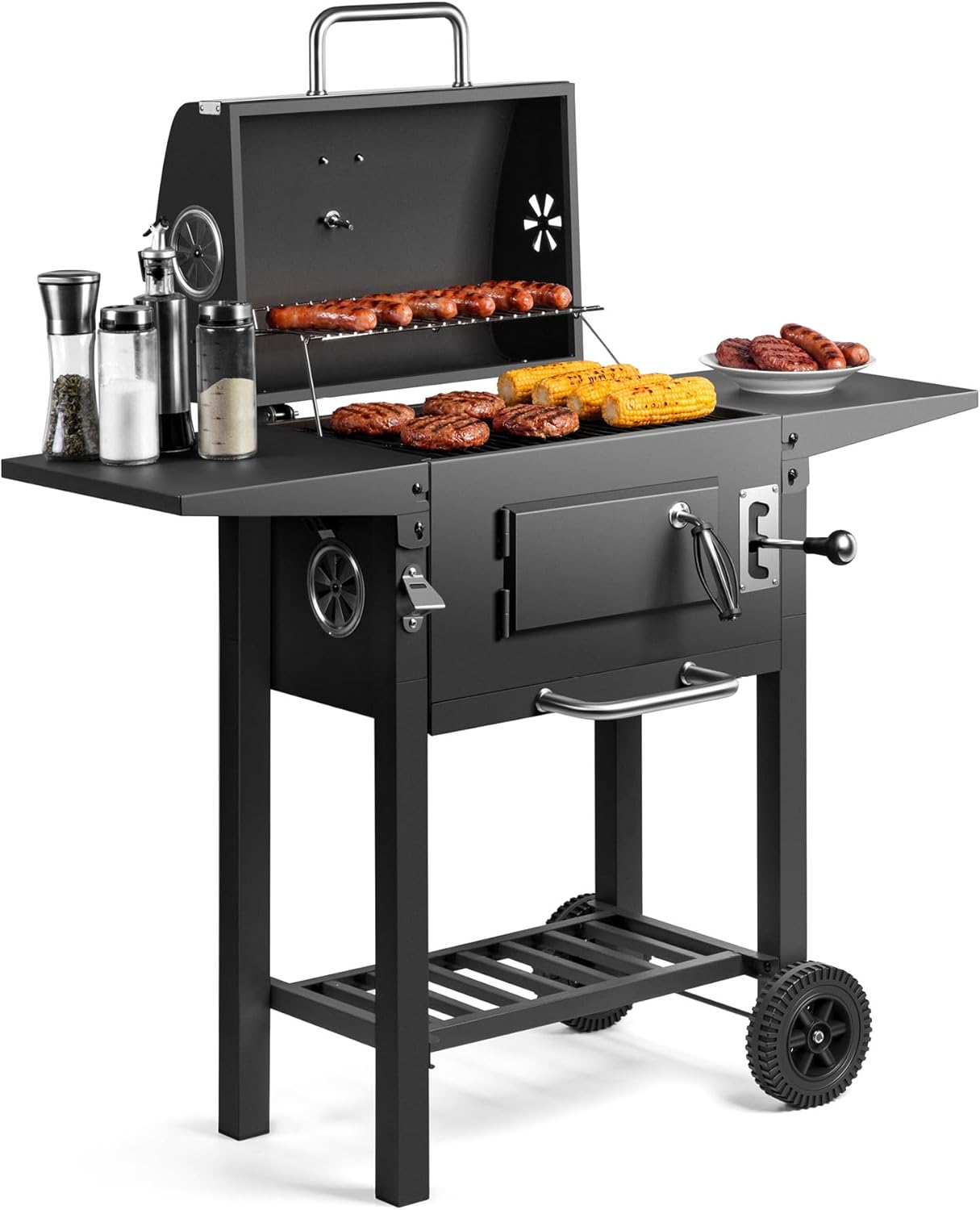 VonHaus - Barbecue charbon portable - hauteur réglable, grilles, roulettes, tables latérales, étagère - 78x40x90 cm