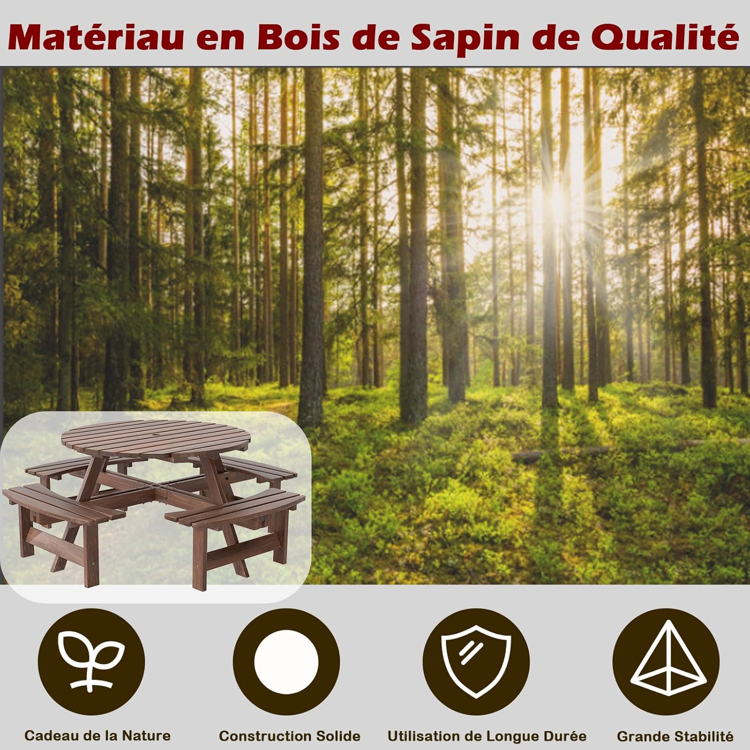 GOPLUS - Table pique-nique ronde 8 places - 4 bancs intégrés, parasol 5cm, marron, 100+250kg