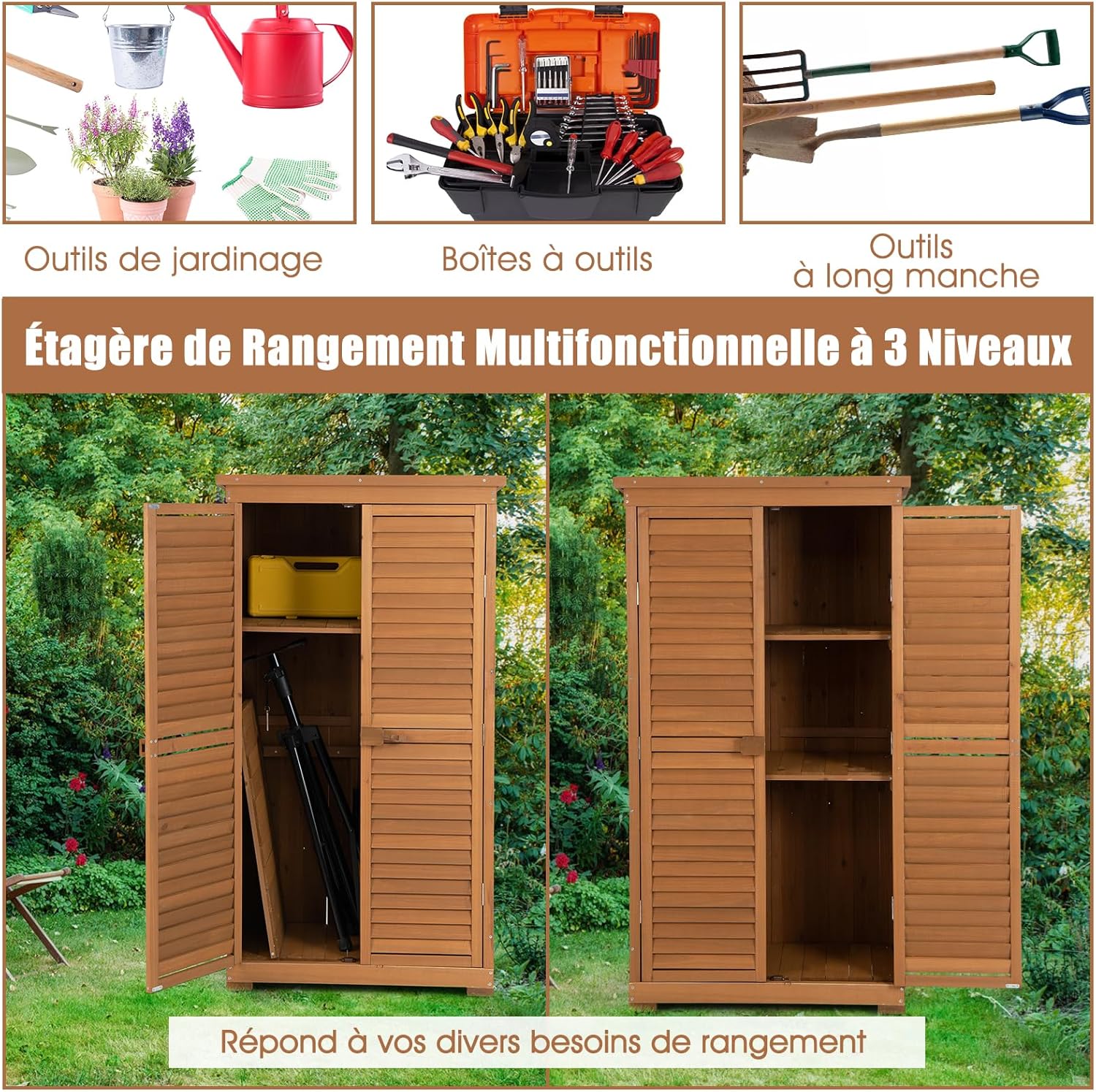 RELAX4LIFE - armoire de jardin bois 82x42x160cm, 3 étagères, toit asphalte