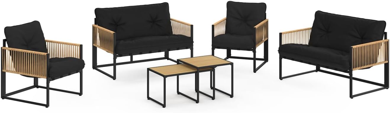 IDMarket - Salon Bas Rio 6 places, métal noir, coussins noirs, effet rotin