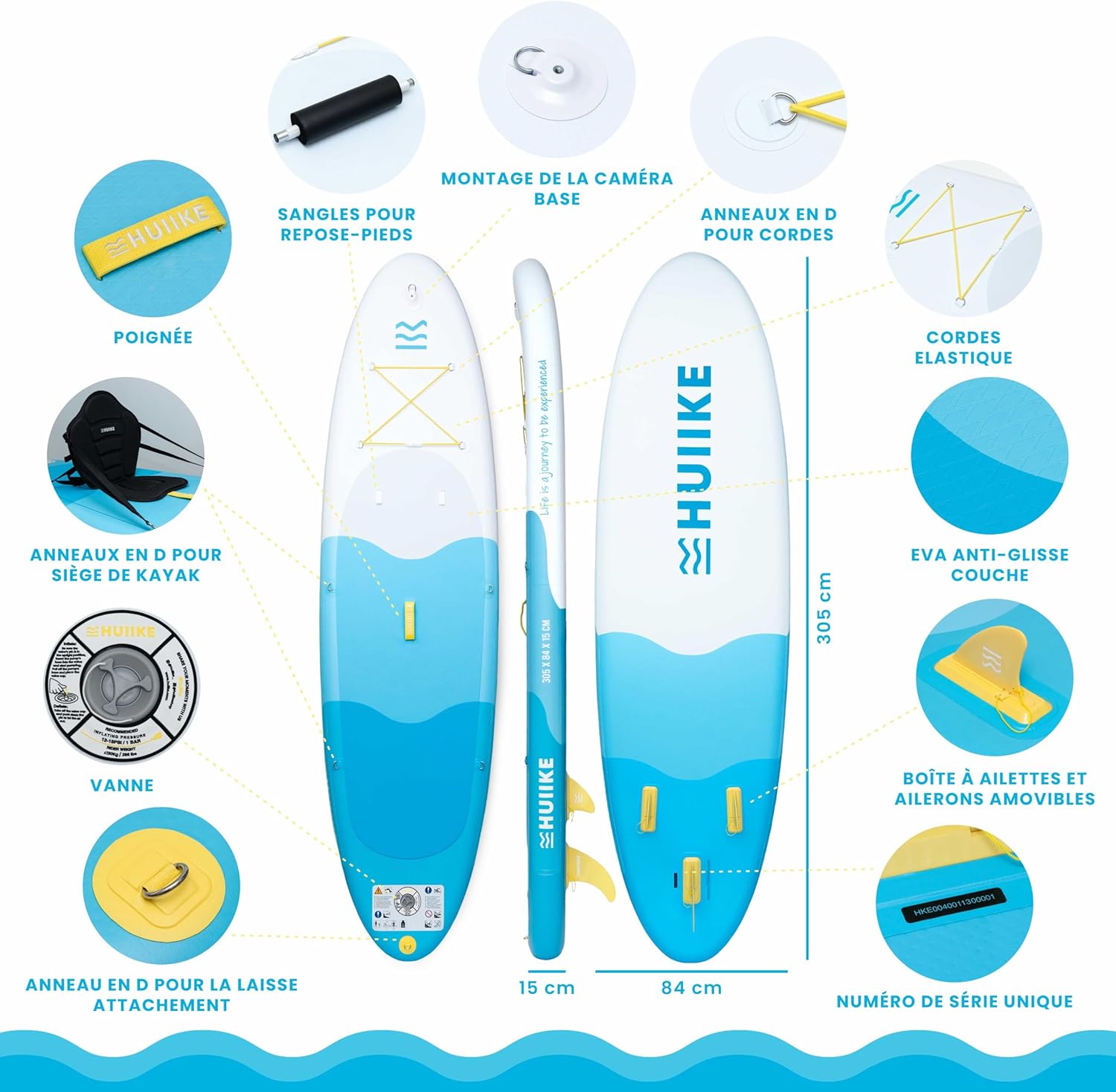 HUIIKE Paddle Gonflable Adulte avec Accessoires Inclus, Pagaie, Ailerons, Pompe. Planche de Stand Up Paddle Grande Stabilité et Résistance. 305 x 84 x 15 cm, Jusqu'à 130 kg
