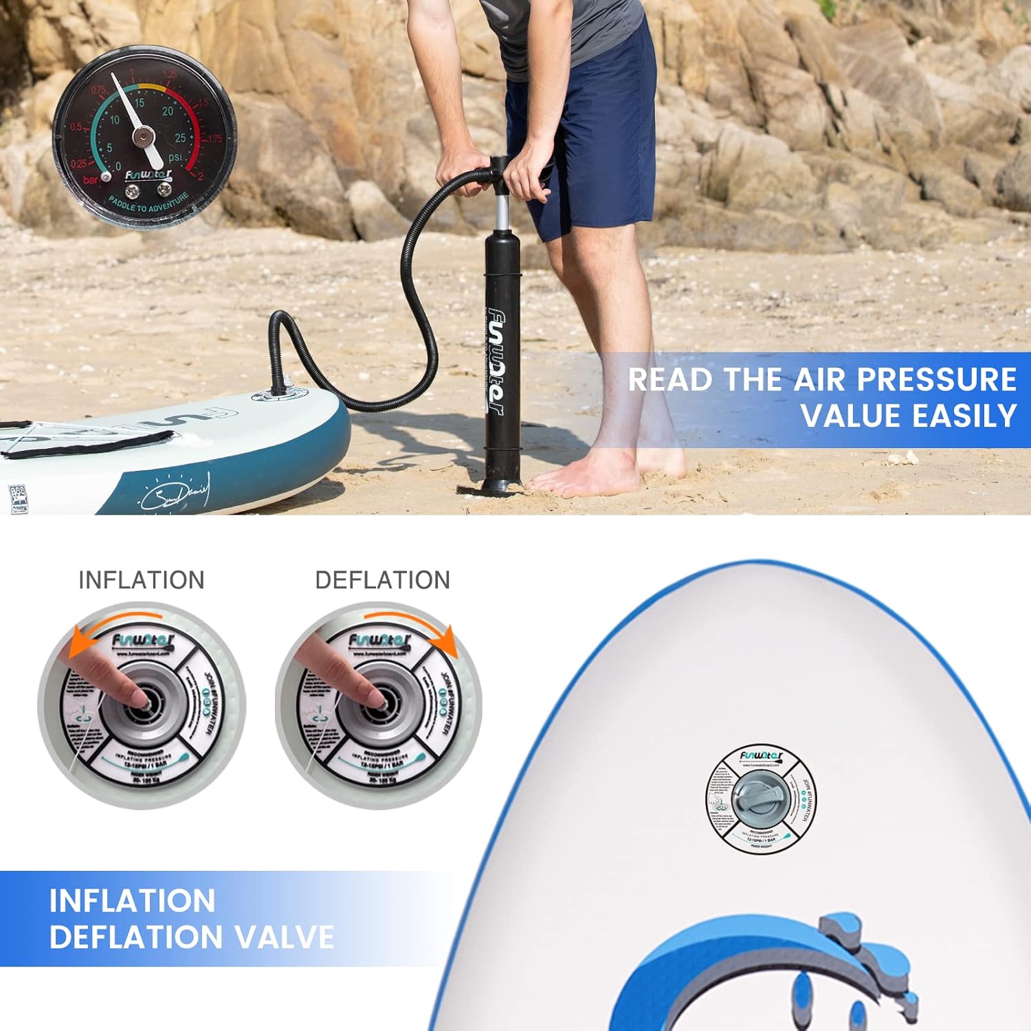 FunWater Planche Sup Gonflable Tous Niveaux Idéale Débutants et Famille Plateforme Anti Dérapante EVA Pack Complet avec Pagaie Réglable Pompe et Accessoires
