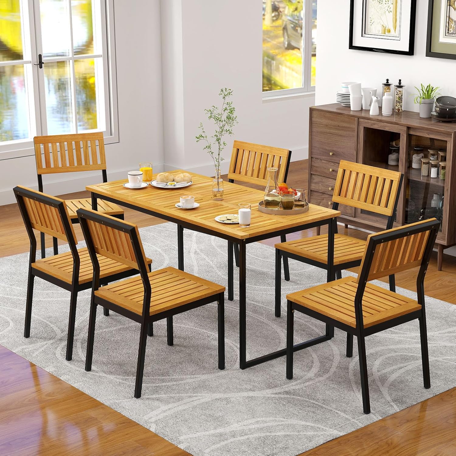 COSTWAY - Table de jardin 140cm, bois d’acacia, métal, trou parasol