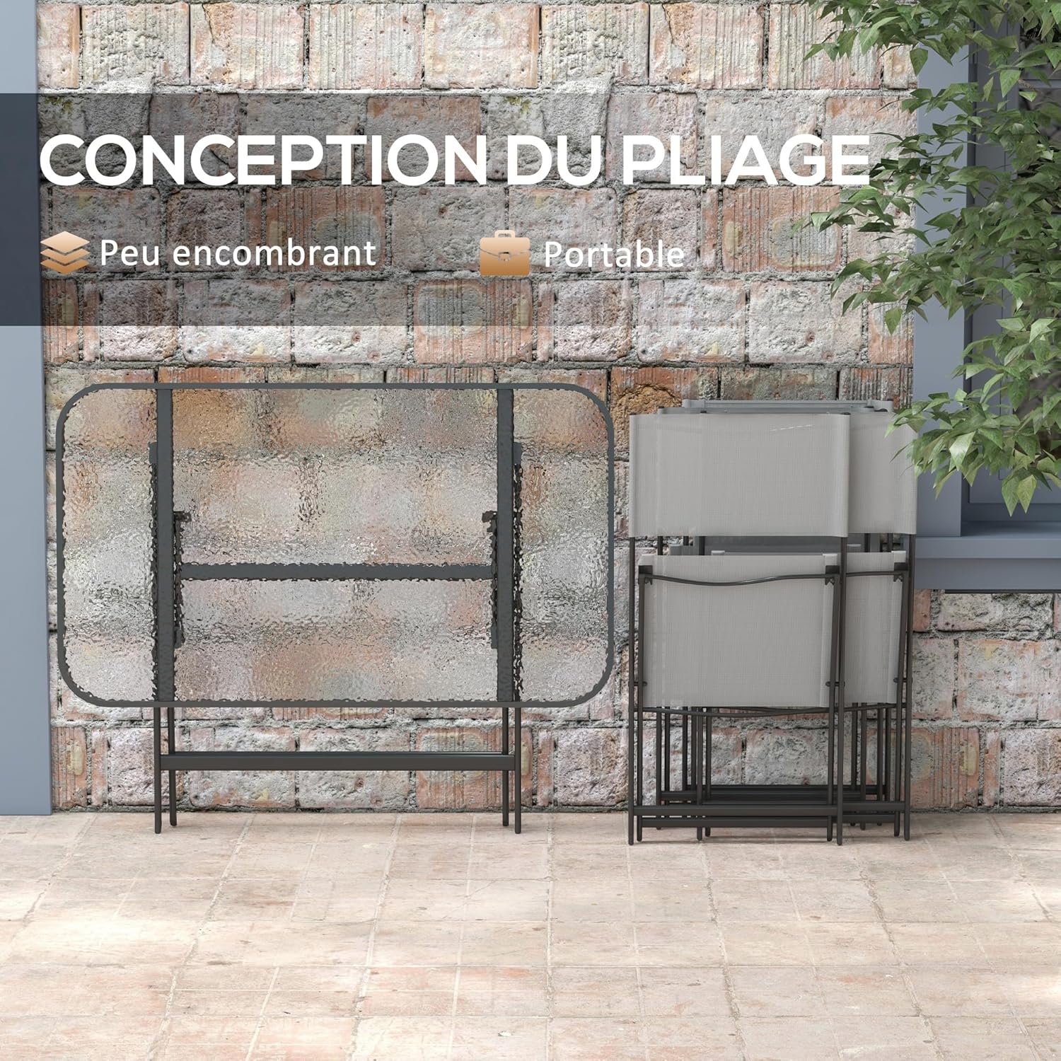 Outsunny - Ensemble de jardin 5 pcs - chaises pliables, table verre, gris