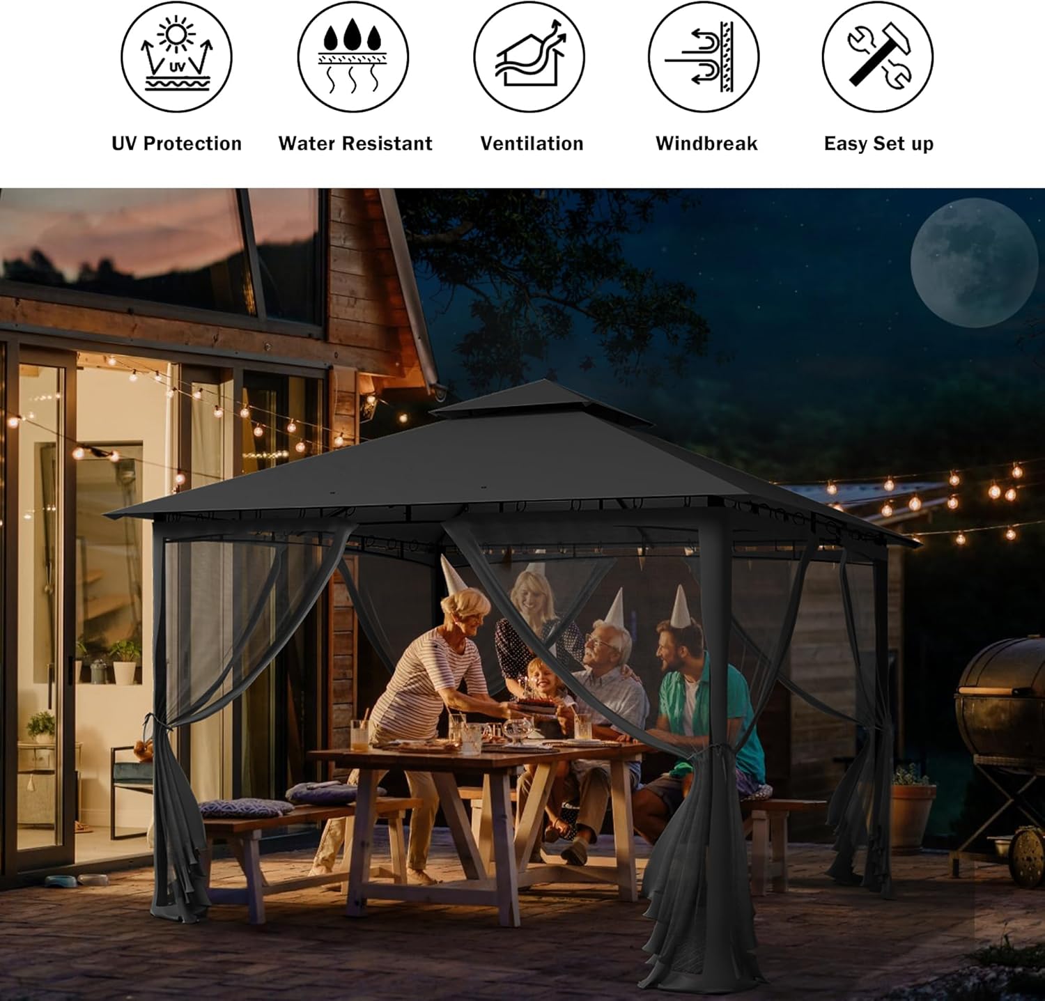 UDPATIO - tonnelle extérieure - 2.8x2.8m - double toit, moustiquaire, structure métal stable
