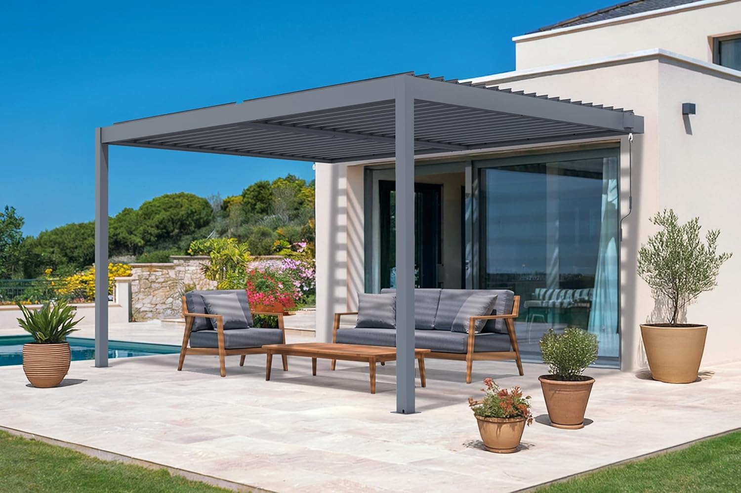 CAZEBOO - Pergola Piana - 4x3 m - Alu gris, lames acier orientables, RAL 7016
