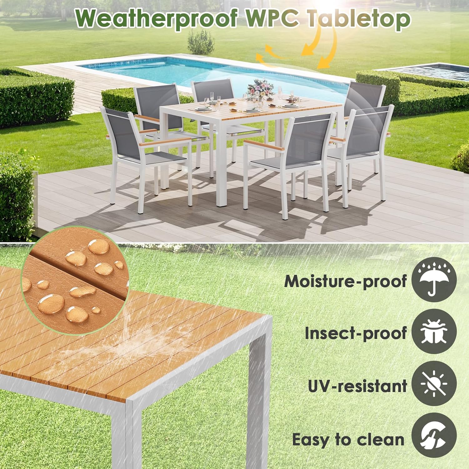 LIFERUN - Grande table de jardin - 140x90x75 cm - aluminium, plateau WPC, pour 6 personnes, résistante intempéries