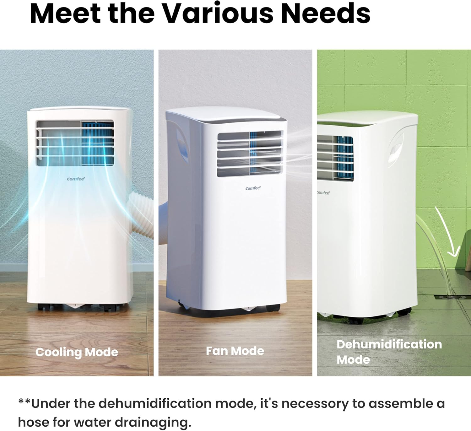 Comfee Climatiseur Mobile Portable 9000 BTU/h 2,6kW, 3-EN-1 Refroidisseur Déshumidificateur Ventilateur, Follow me, Minuterie, Mode nuit, Pour salon et maison de 33㎡/88m³, MPPH-09CRN7, EEK A, R290