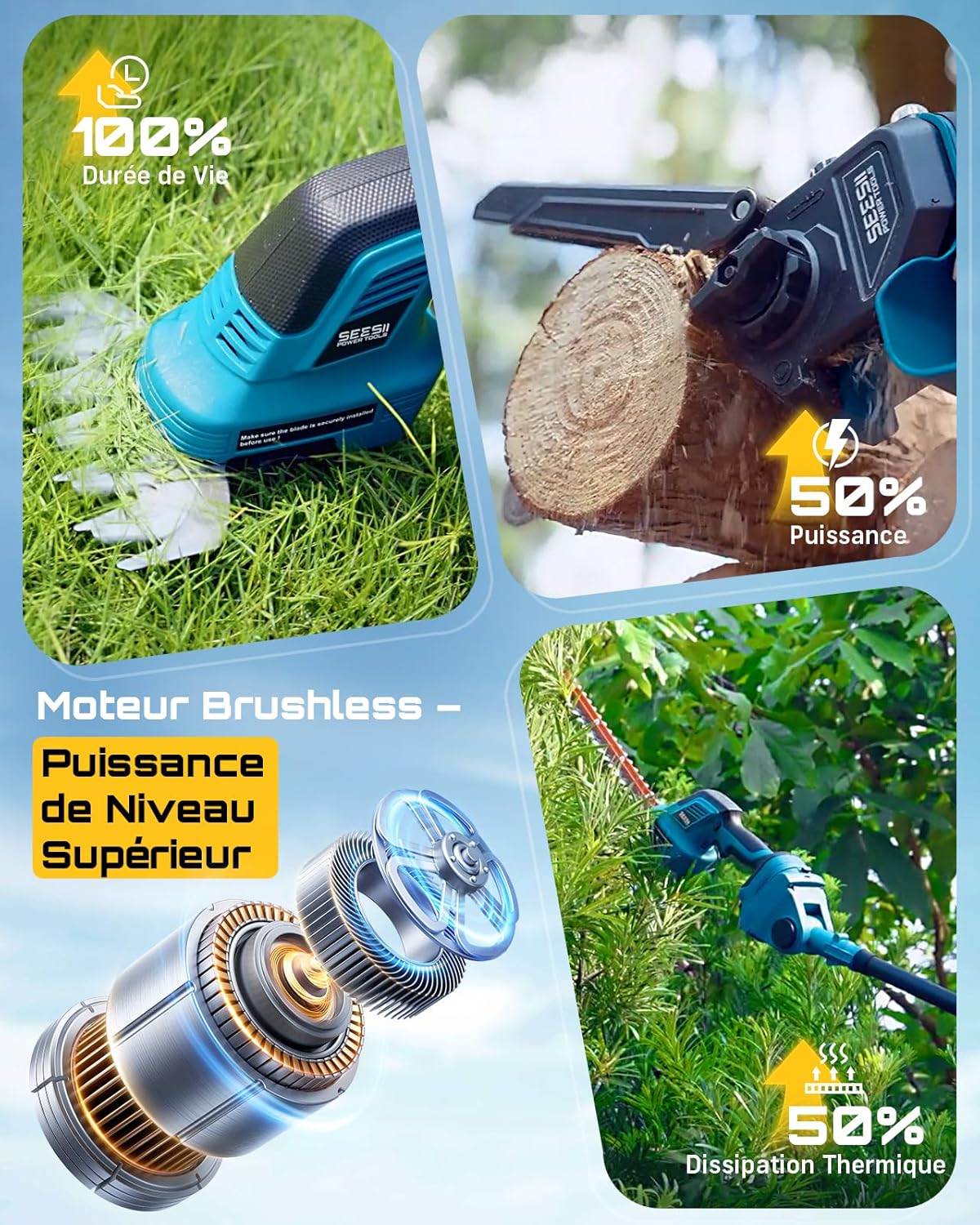 SEESII 6-en-1 Mini Tronçonneuse & Taille-haie, avec 2 * 4000mAh Batteries, Tronconneuse Electrique à Perche Télescopique, Portée Maximale Jusqu'à 4,57m, à 30 ML Bouteille d'huile