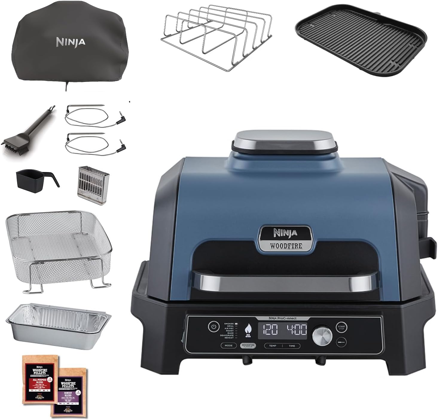 Ninja - Woodfire Pro Connect XL - Barbecue électrique 7-en-1, contrôle via appli, 2 sondes, housse, accessoires - OG901E