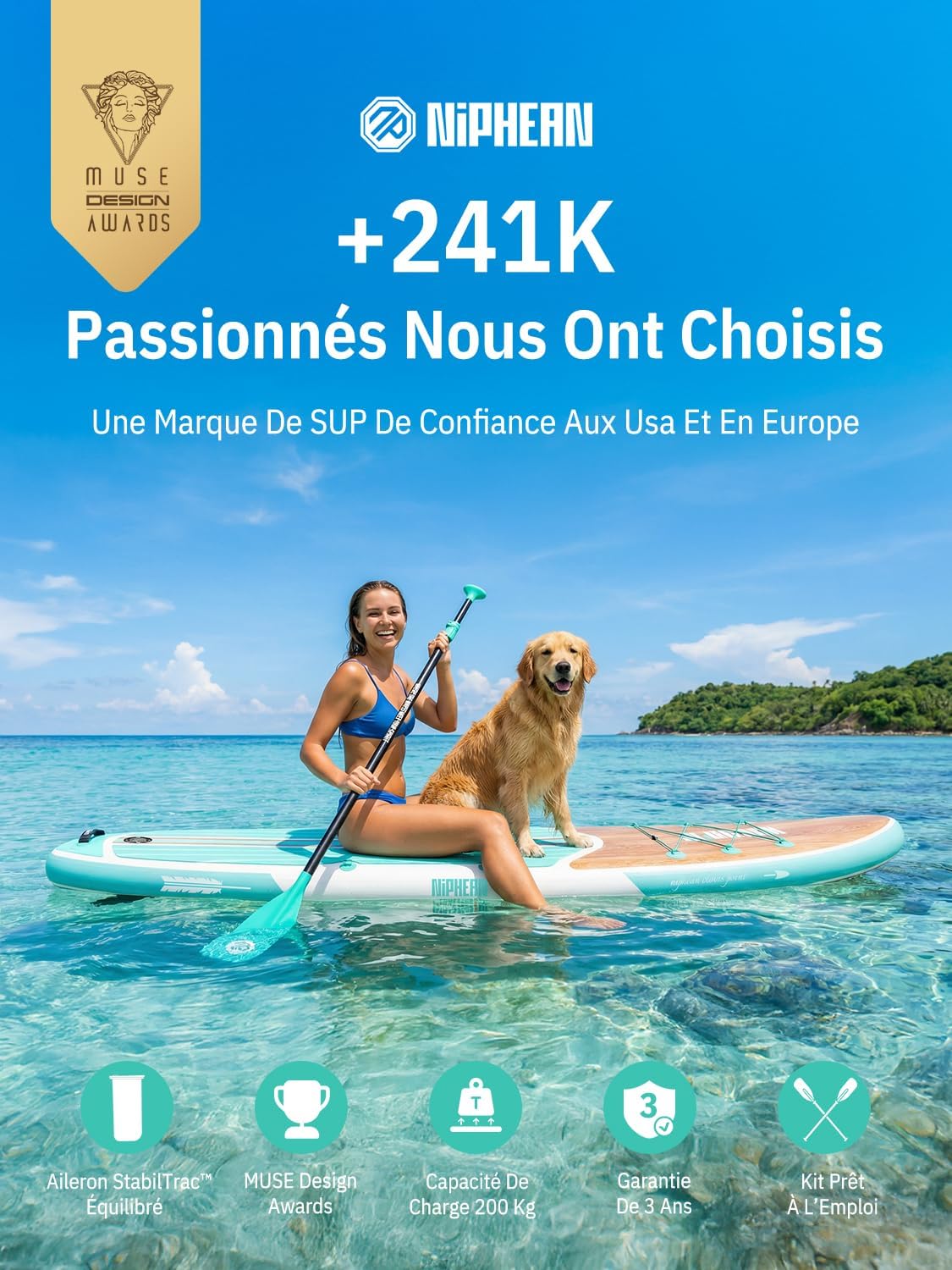 Niphean - paddle gonflable 320cm - 2 personnes, capacité 200kg, siège inclus