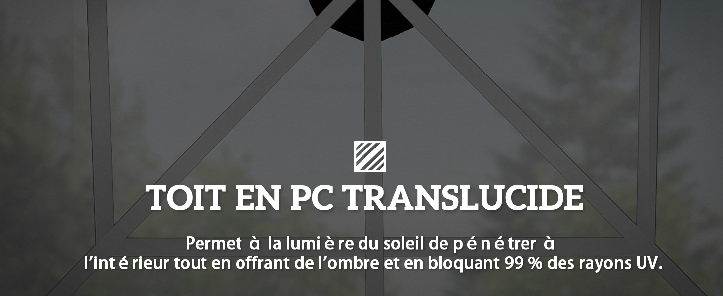 Structure de toit en polycarbonate translucide. Le texte explique qu'il laisse passer la lumière du soleil tout en fournissant de l'ombre et en bloquant 99 % des rayons UV.